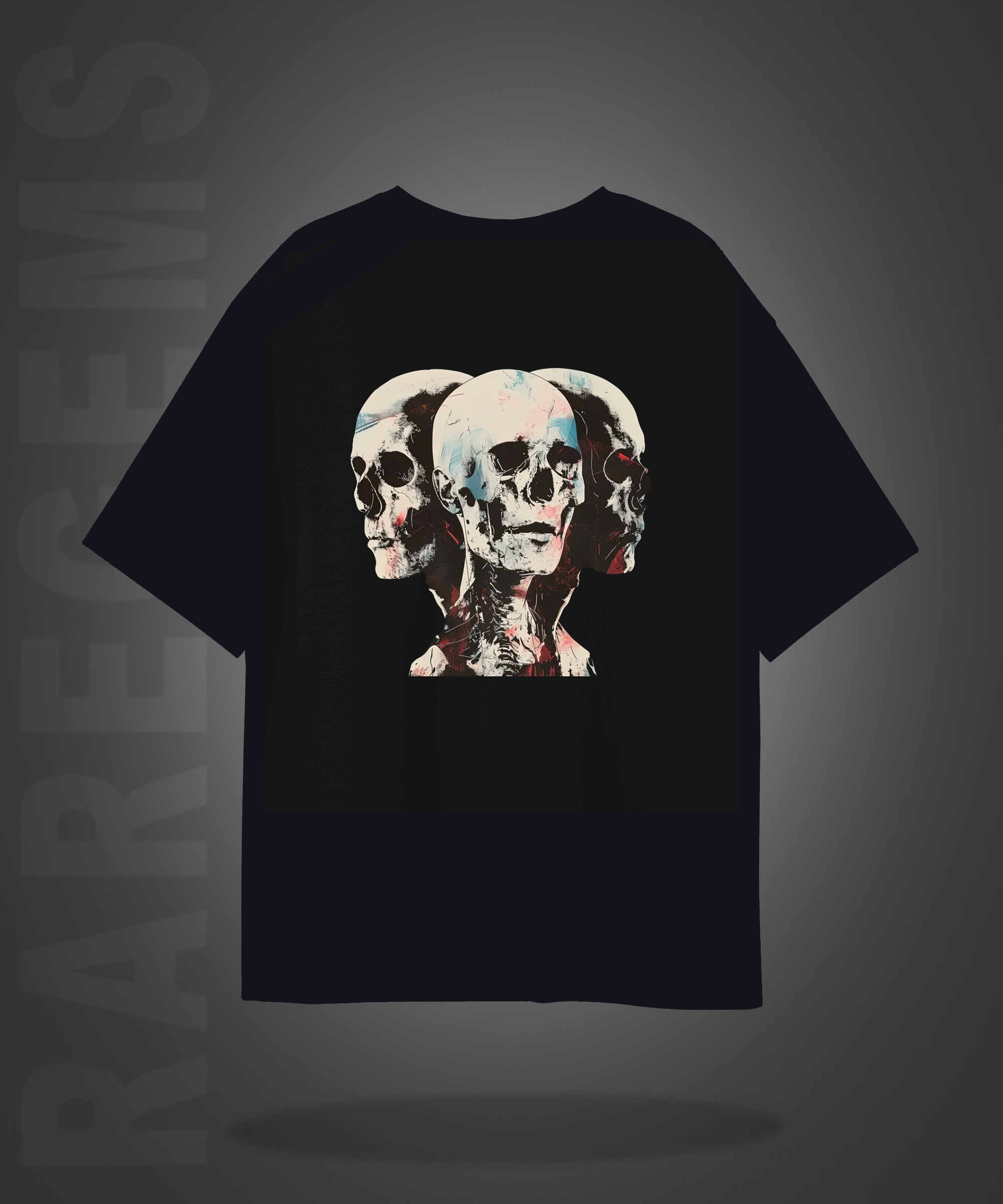 Black Half Sleeves Three Skulls Printed Oversized T-Shirt