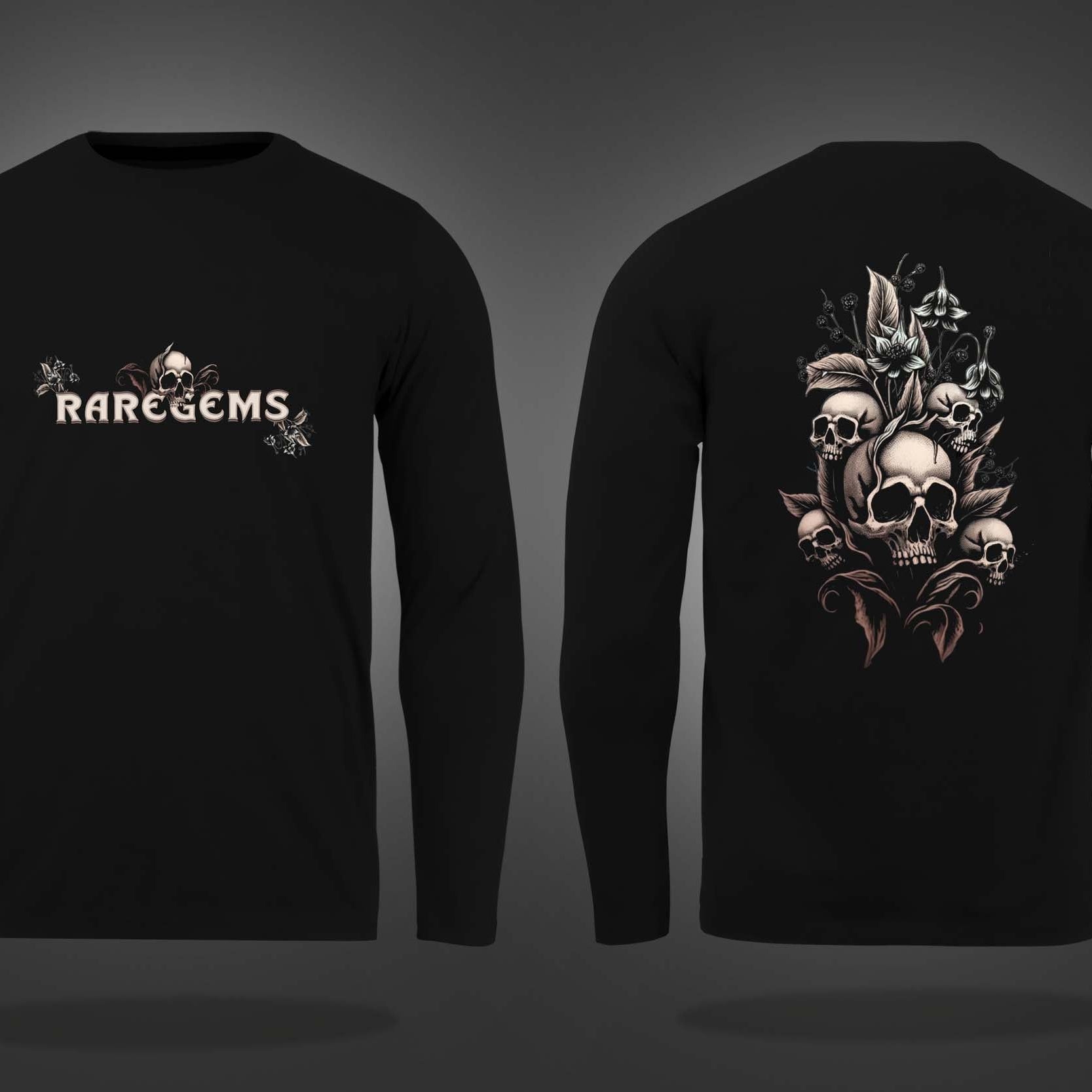 Black Round Neck Skulls With Flowers Printed Full Sleeves T-Shirt