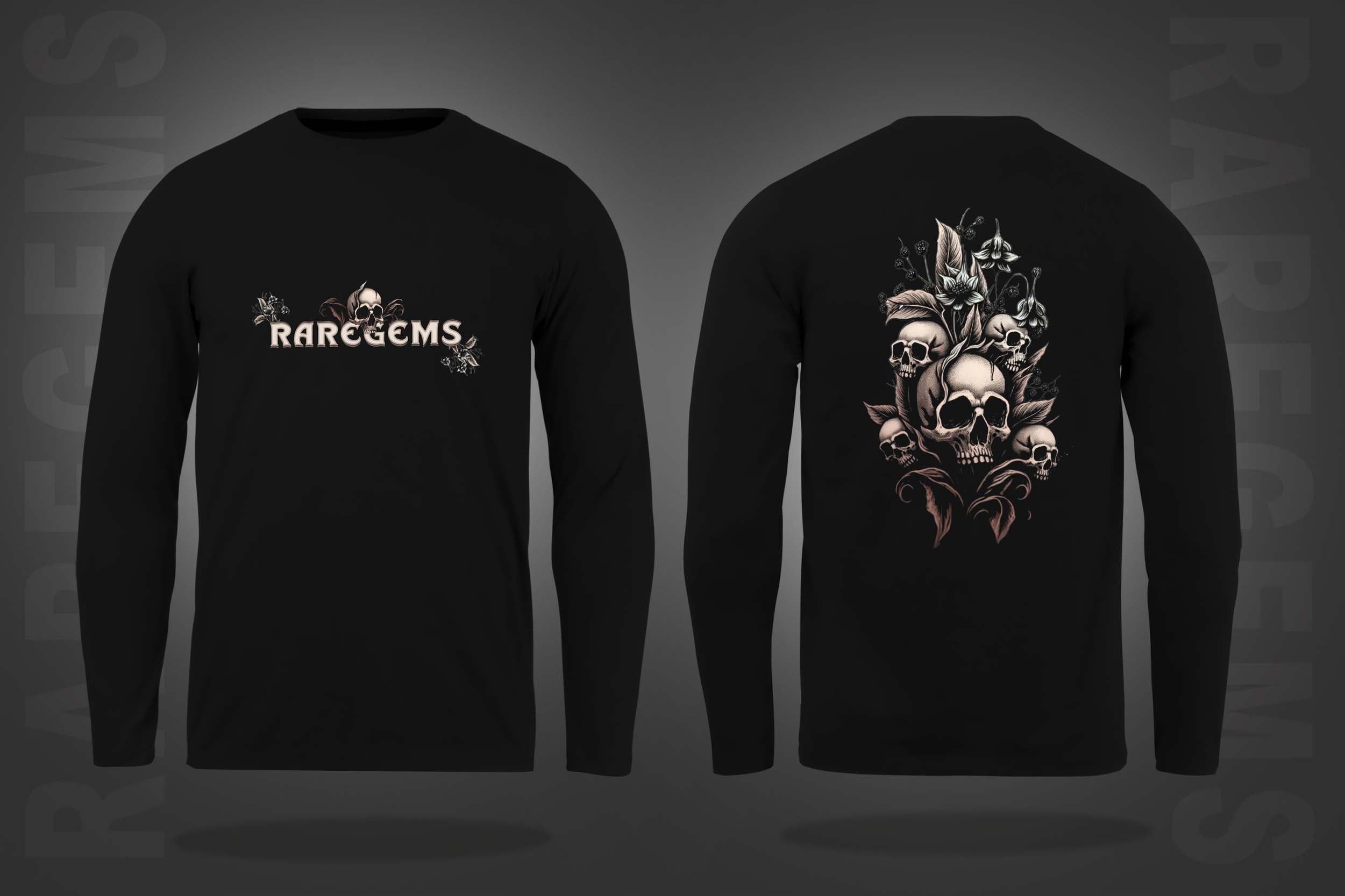 Black Round Neck Skulls With Flowers Printed Full Sleeves T-Shirt