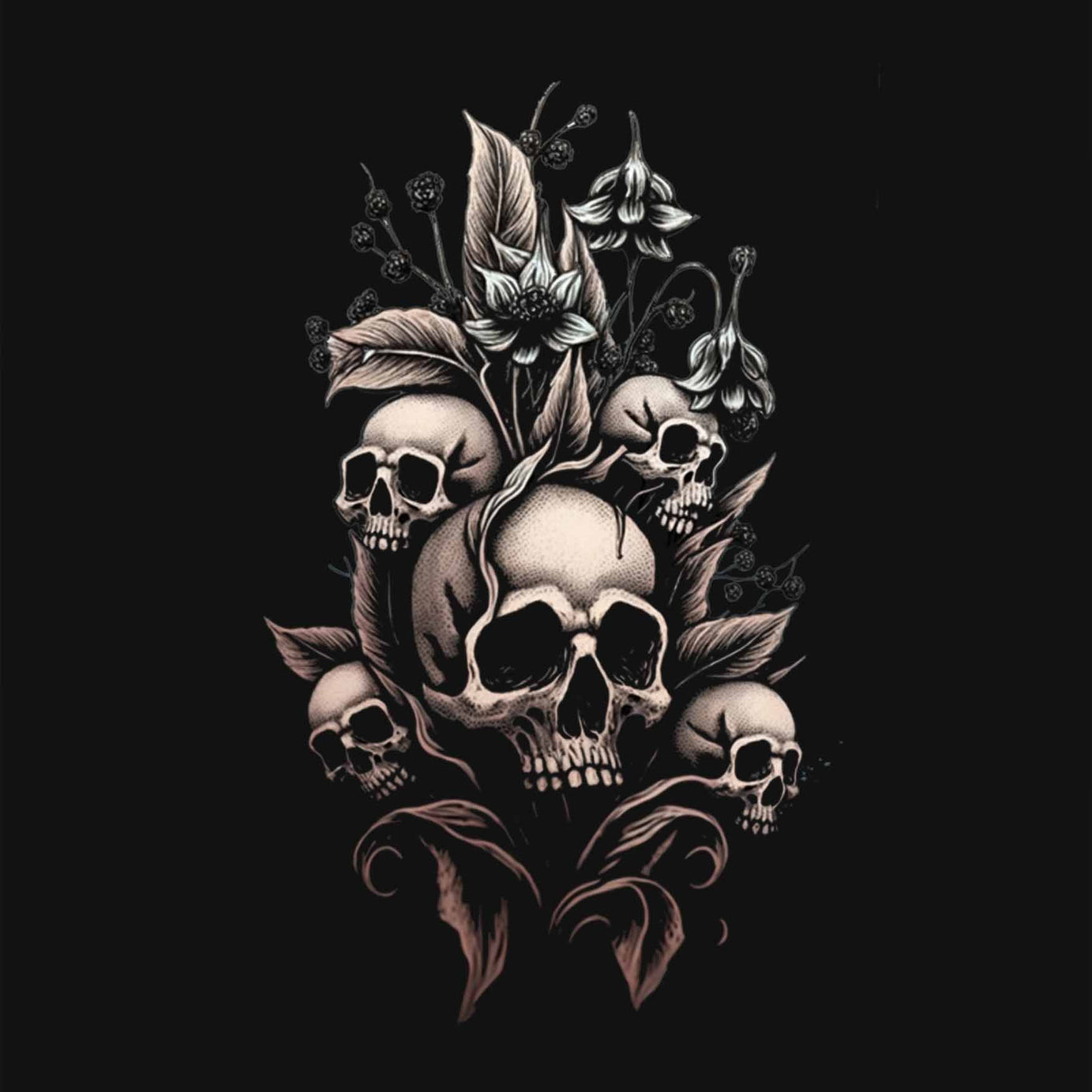 Black Round Neck Skulls With Flowers Printed Full Sleeves T-Shirt