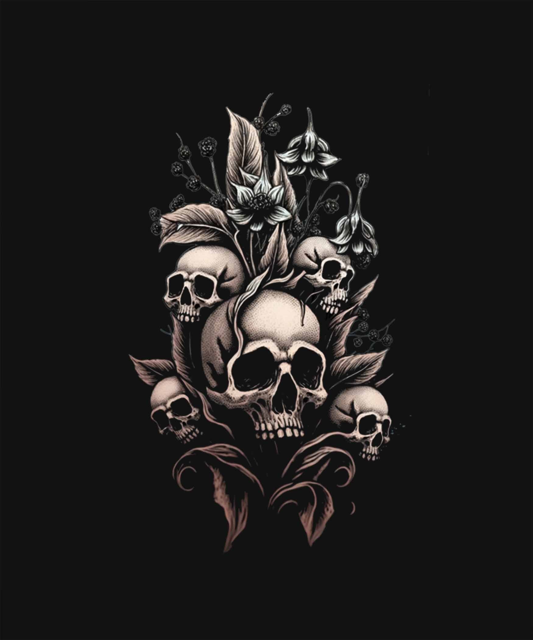 Black Round Neck Skulls With Flowers Printed Full Sleeves T-Shirt