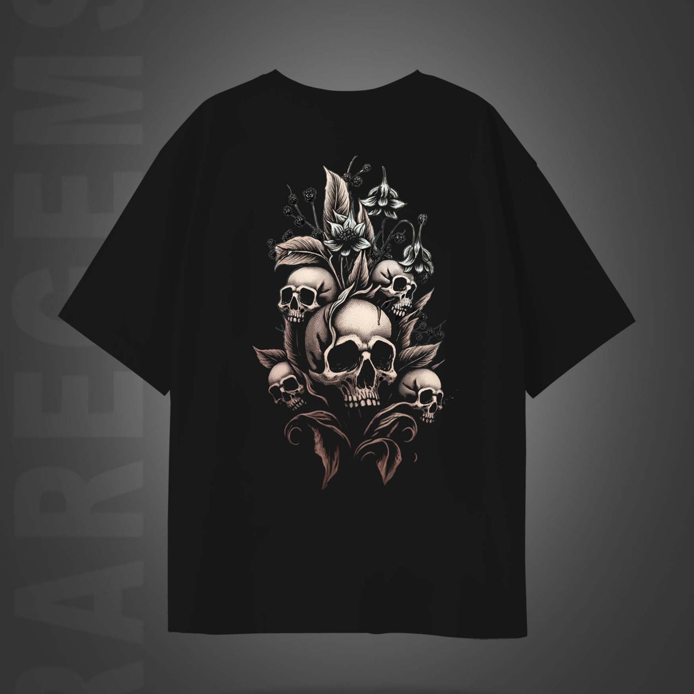 Black Half Sleeve Round Neck Skulls With Flowers Printed Oversized T-Shirt