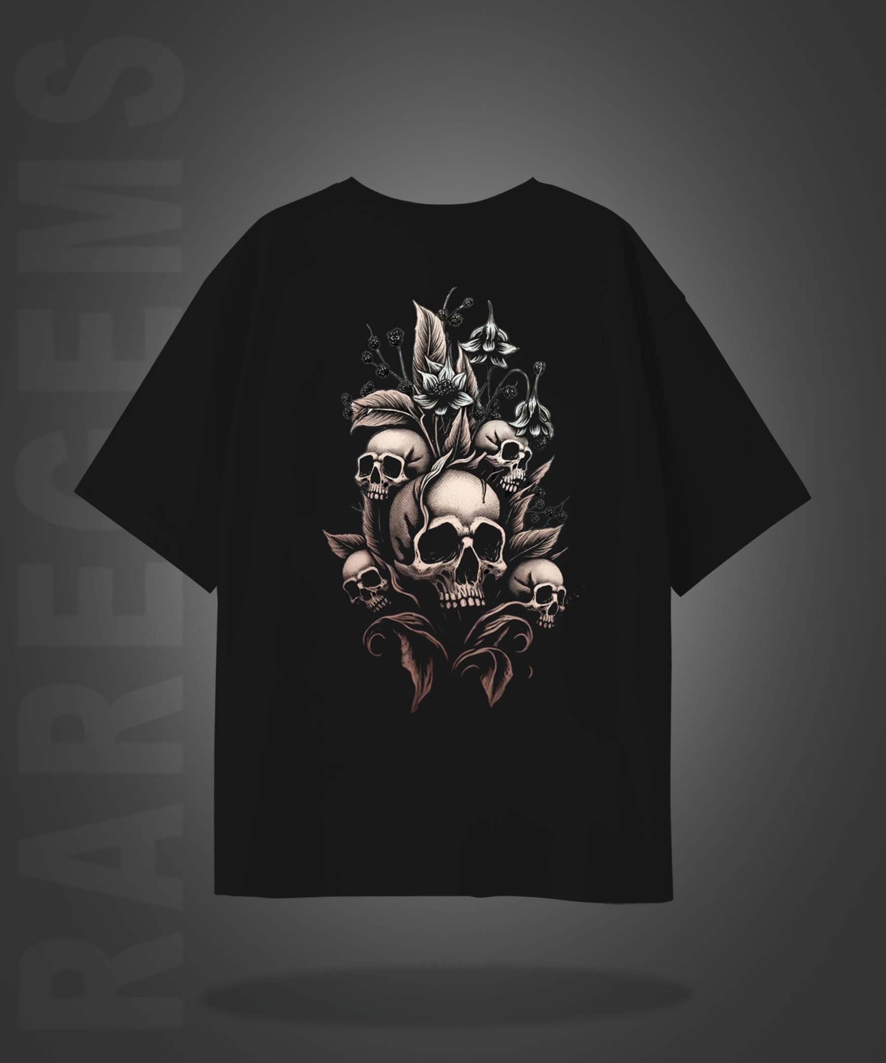 Black Half Sleeve Round Neck Skulls With Flowers Printed Oversized T-Shirt