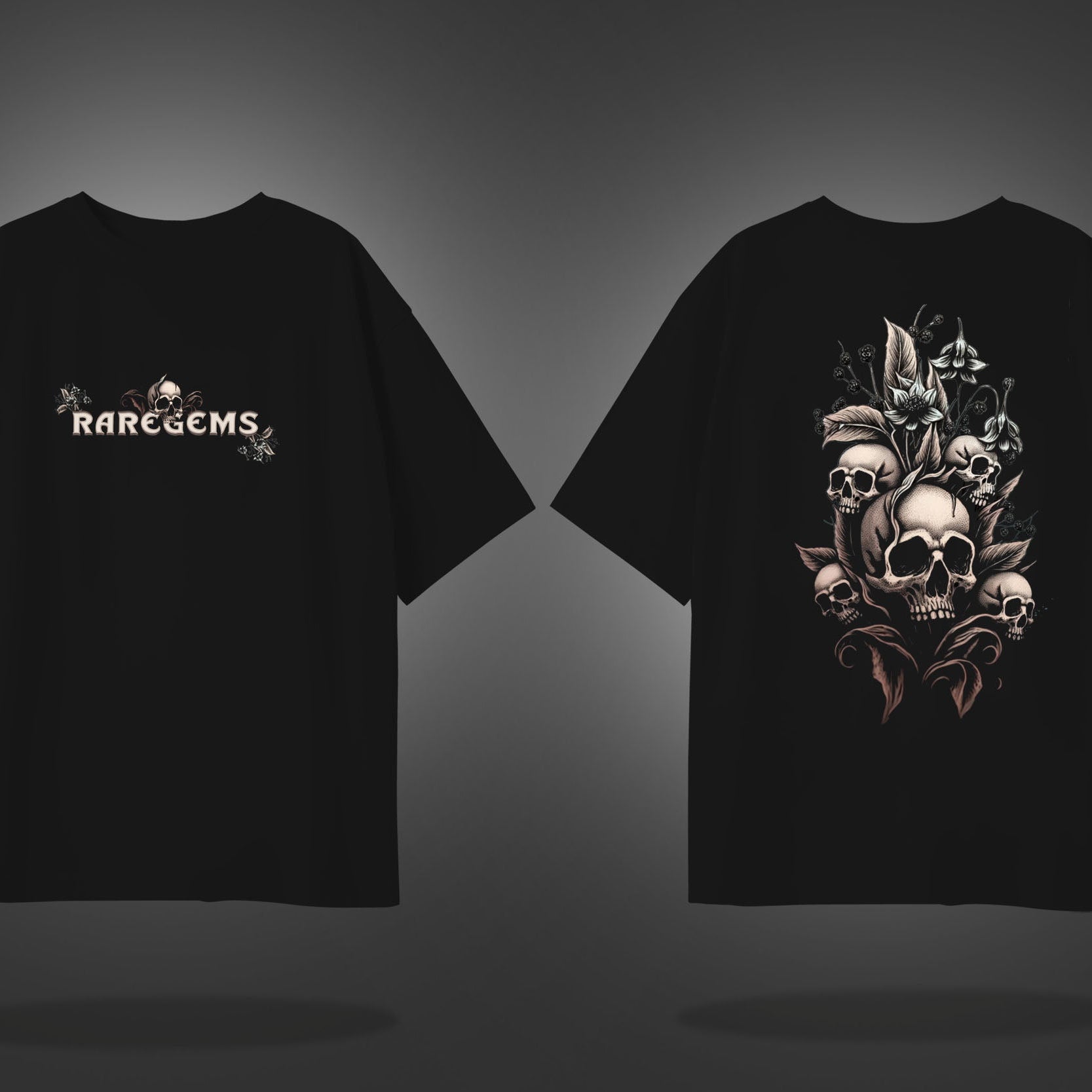 Black Half Sleeve Round Neck Skulls With Flowers Printed Oversized T-Shirt