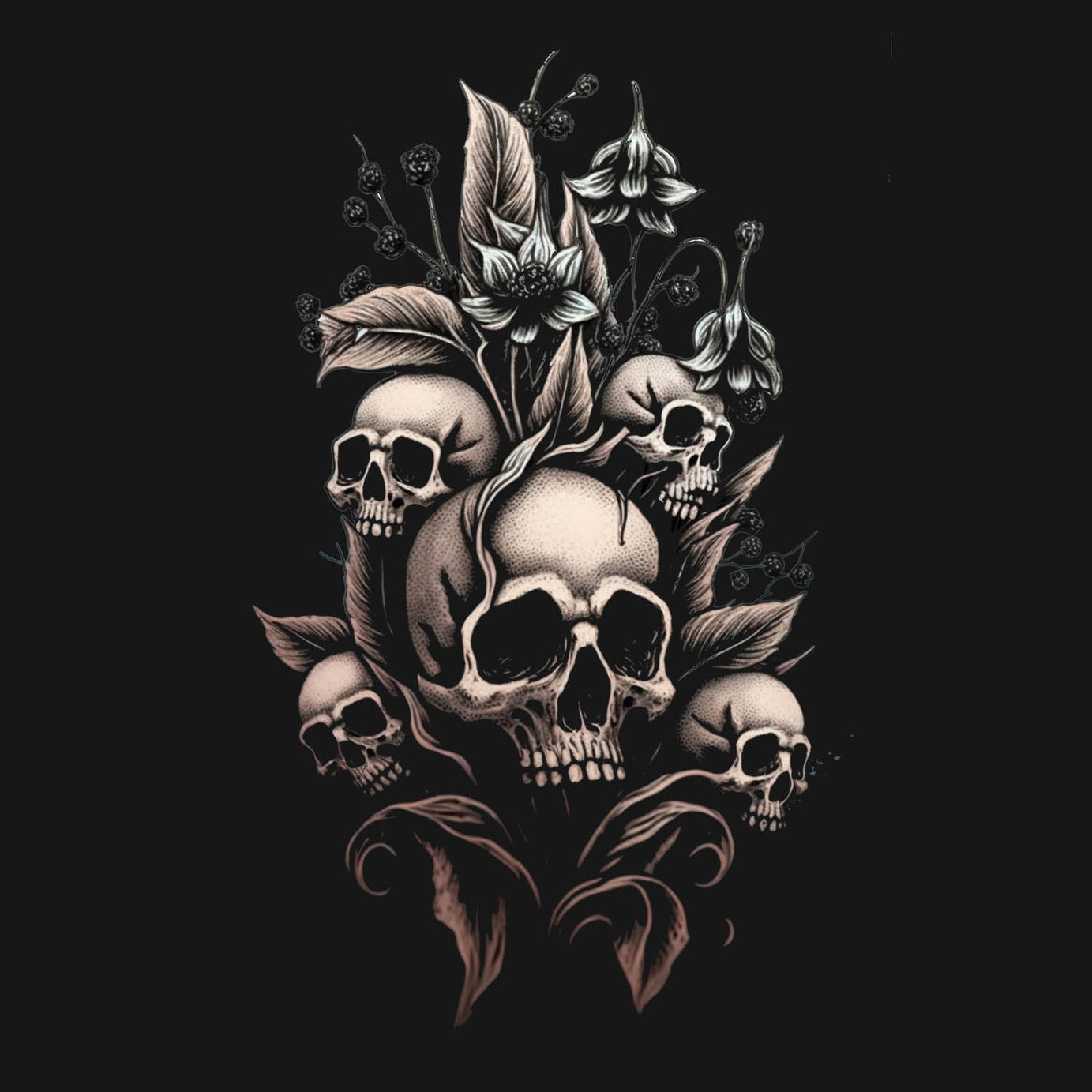 Black Half Sleeves Round Neck Skulls With Flowers Printed Regular T-Shirt