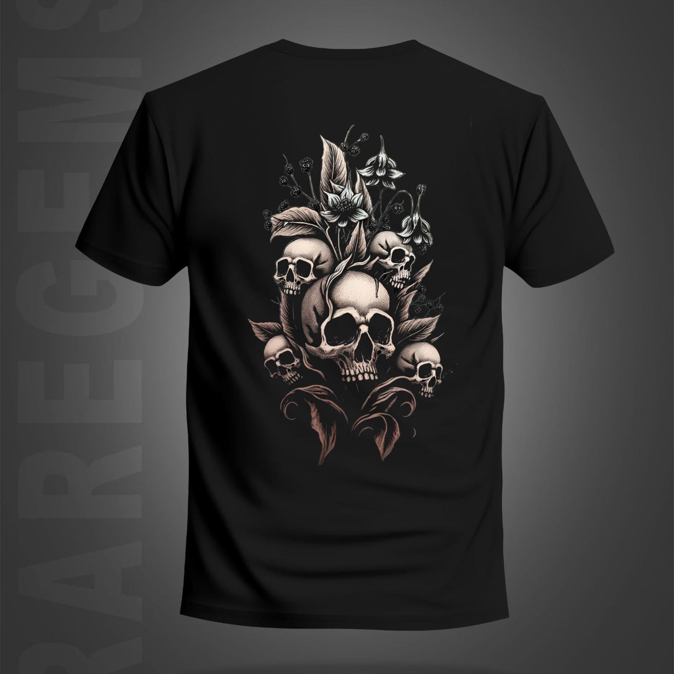 Black Half Sleeves Round Neck Skulls With Flowers Printed Regular T-Shirt