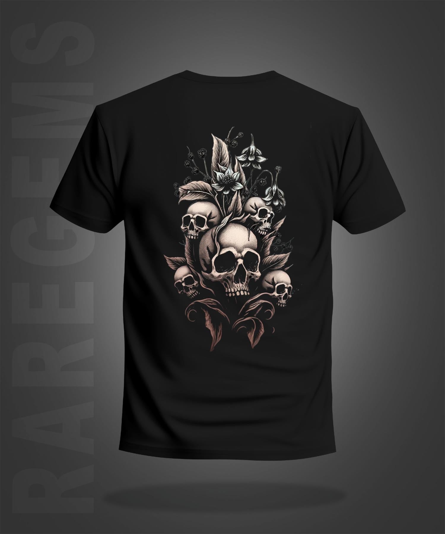 Black Half Sleeves Round Neck Skulls With Flowers Printed Regular T-Shirt