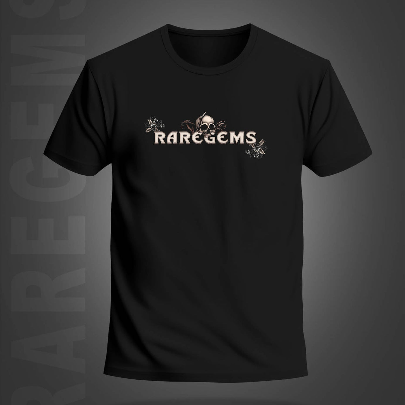 Black Half Sleeves Round Neck Skulls With Flowers Printed Regular T-Shirt