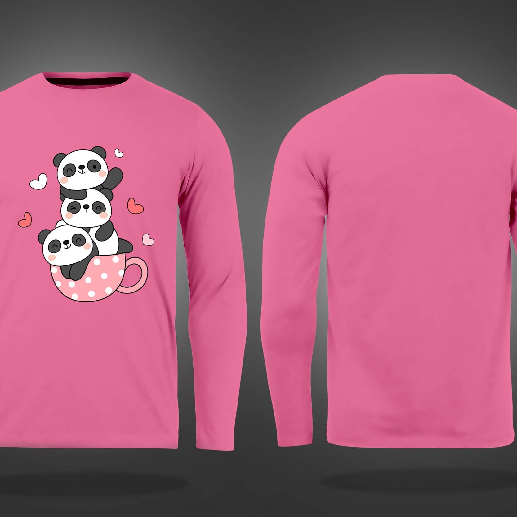Pink Round Neck Three Cute Pandas In A Cup Printed Full Sleeves T-Shirt