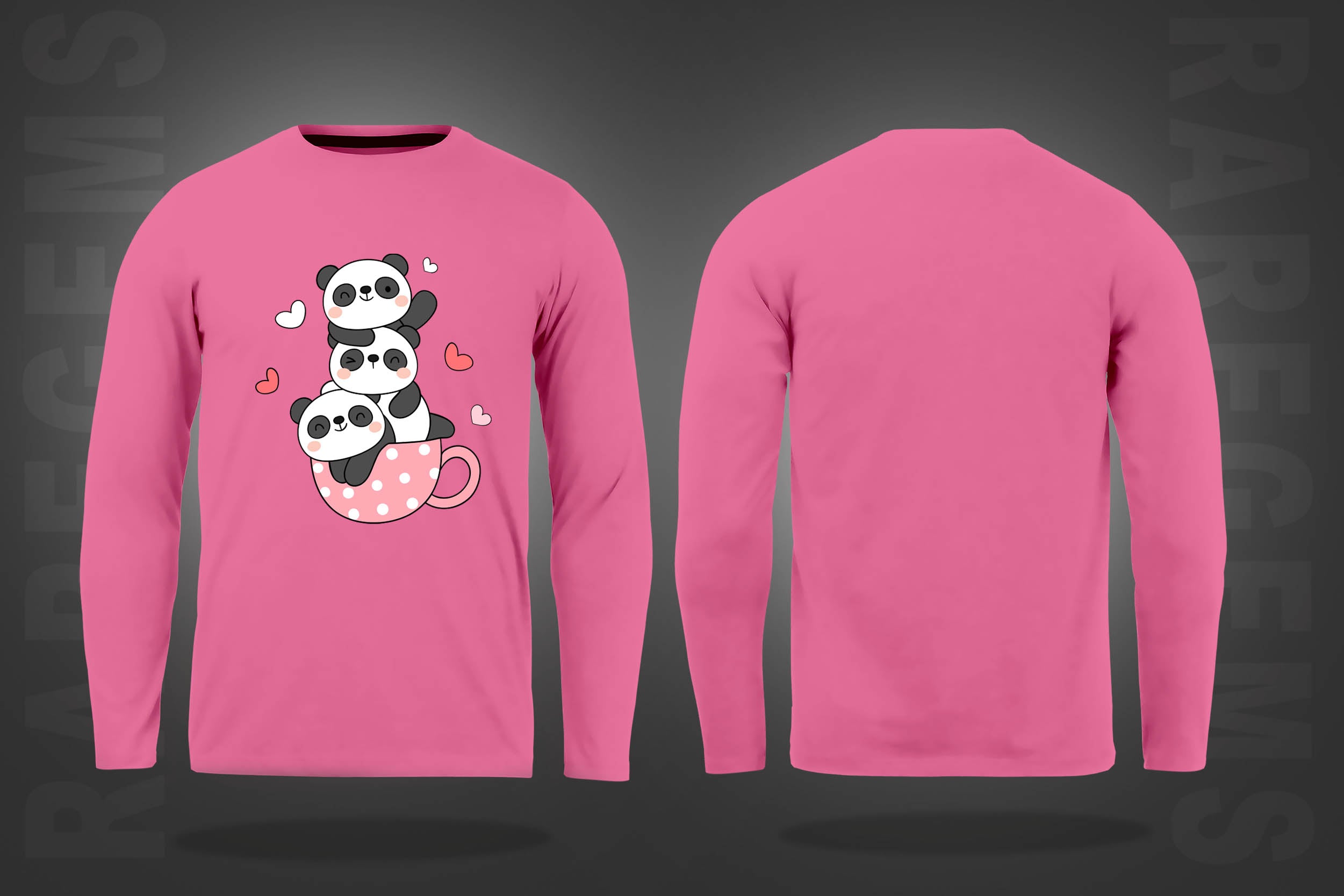 Pink Round Neck Three Cute Pandas In A Cup Printed Full Sleeves T-Shirt