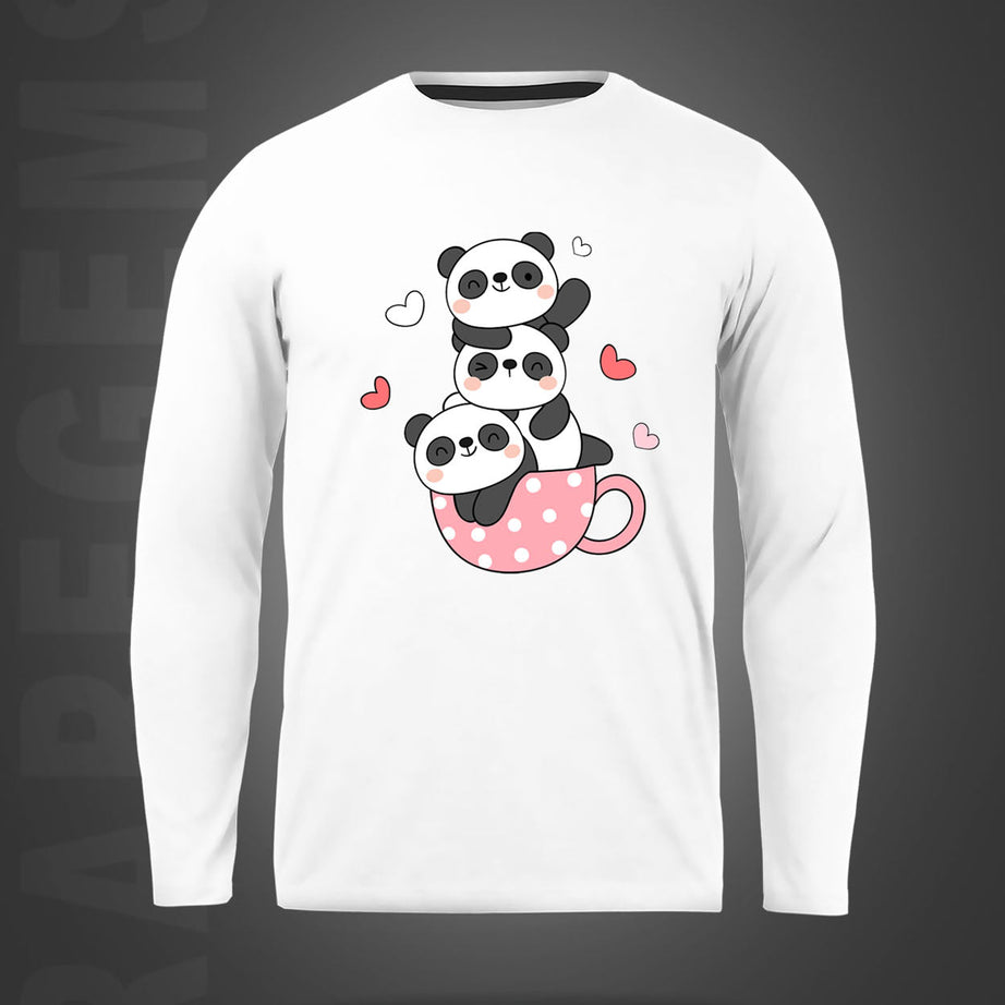 White Round Neck Three Cute Pandas In A Cup Printed Full Sleeves T-Shirt