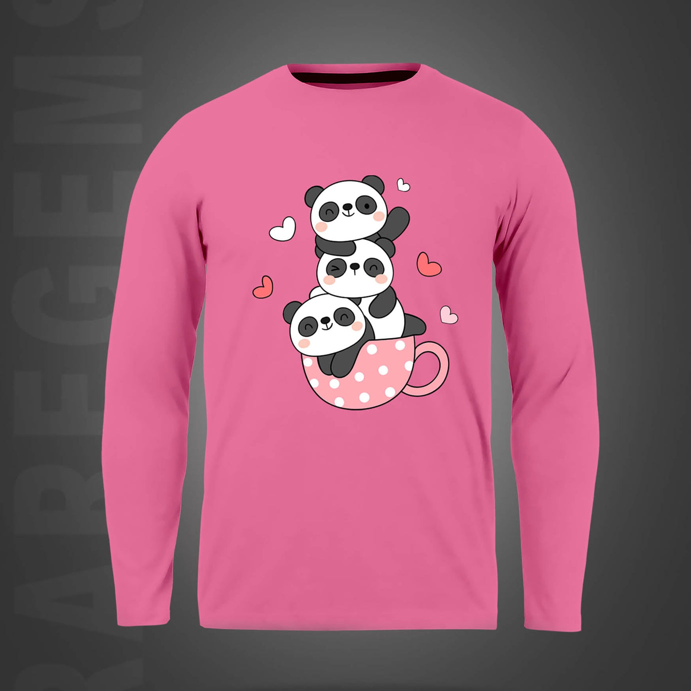 Pink Round Neck Three Cute Pandas In A Cup Printed Full Sleeves T-Shirt