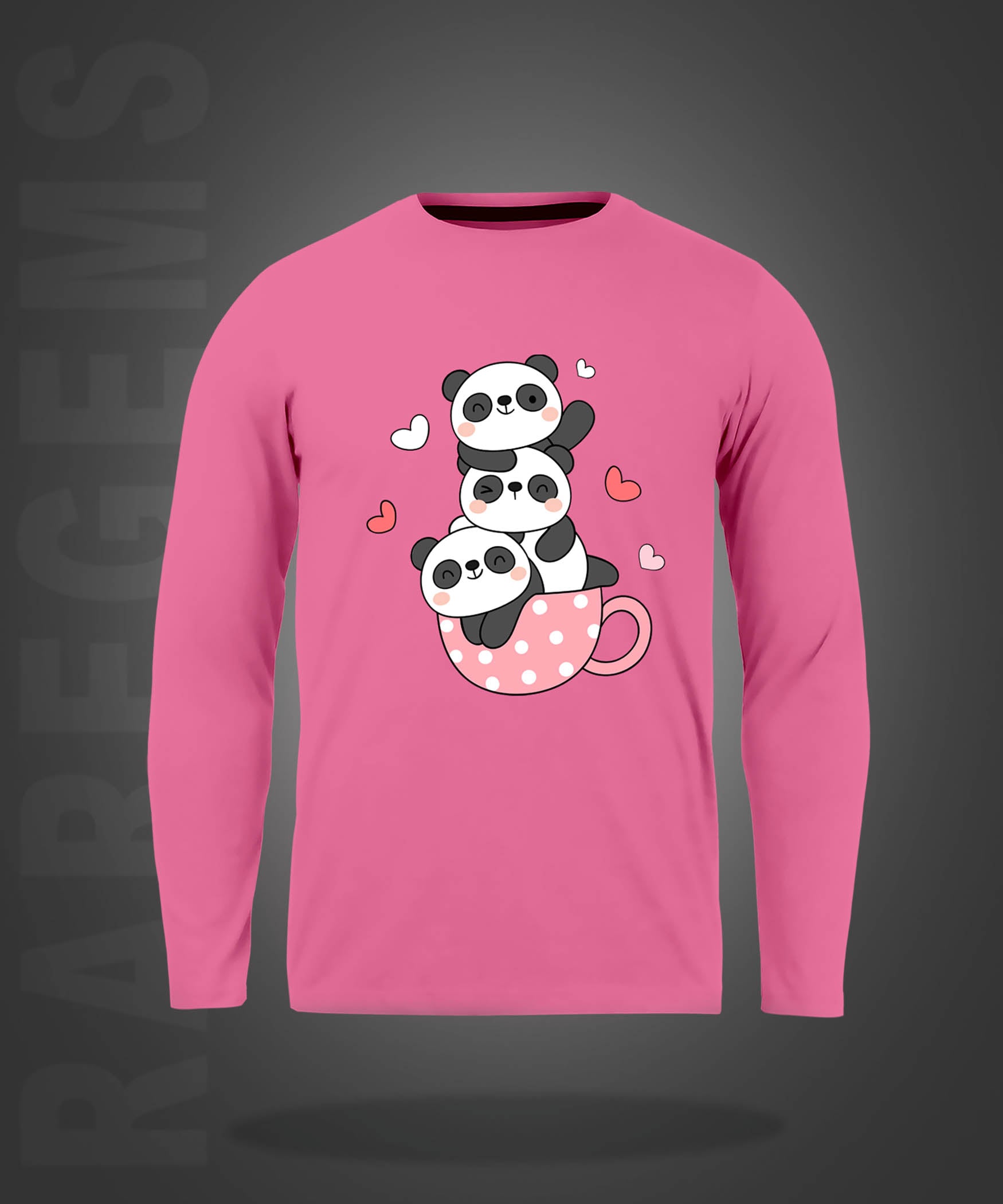 Pink Round Neck Three Cute Pandas In A Cup Printed Full Sleeves T-Shirt
