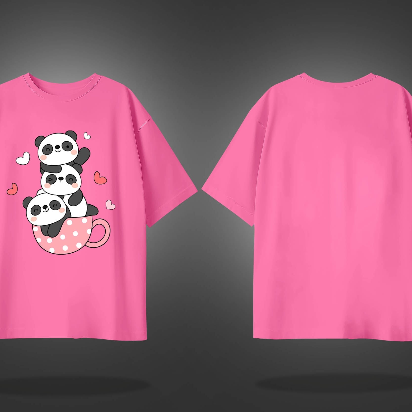 Pink Half Sleeve Round Neck Three Cute Pandas Printed Oversized T-Shirt