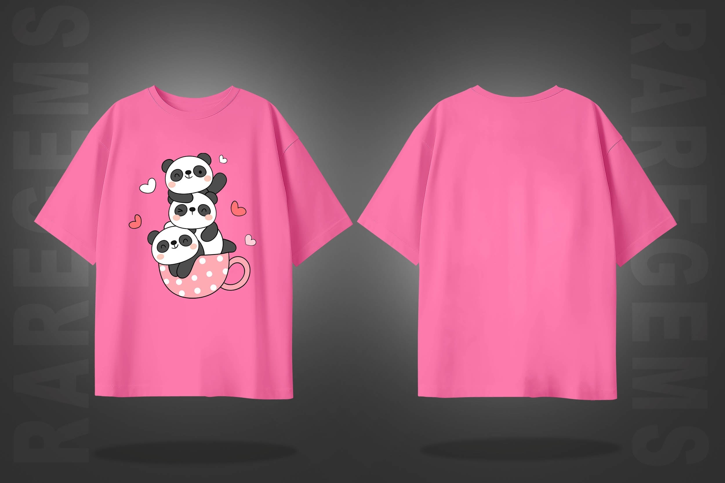 Pink Half Sleeve Round Neck Three Cute Pandas Printed Oversized T-Shirt