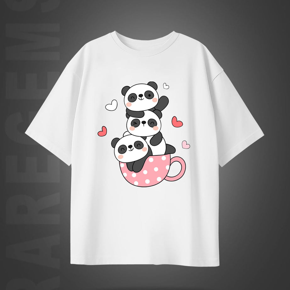 White Half Sleeve Round Neck Three Cute Pandas In A Cup Printed Oversized T-Shirt