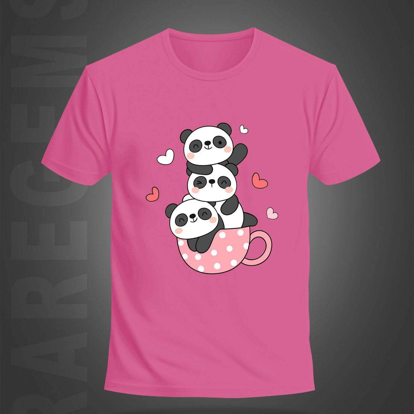 Pink Half Sleeves Round Neck Three Cute Pandas In A Cup Printed Regular T-Shirt