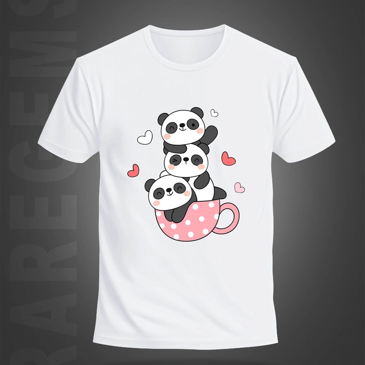 White Half Sleeves Round Neck Three Cute Pandas In A Cup Printed Regular T-Shirt