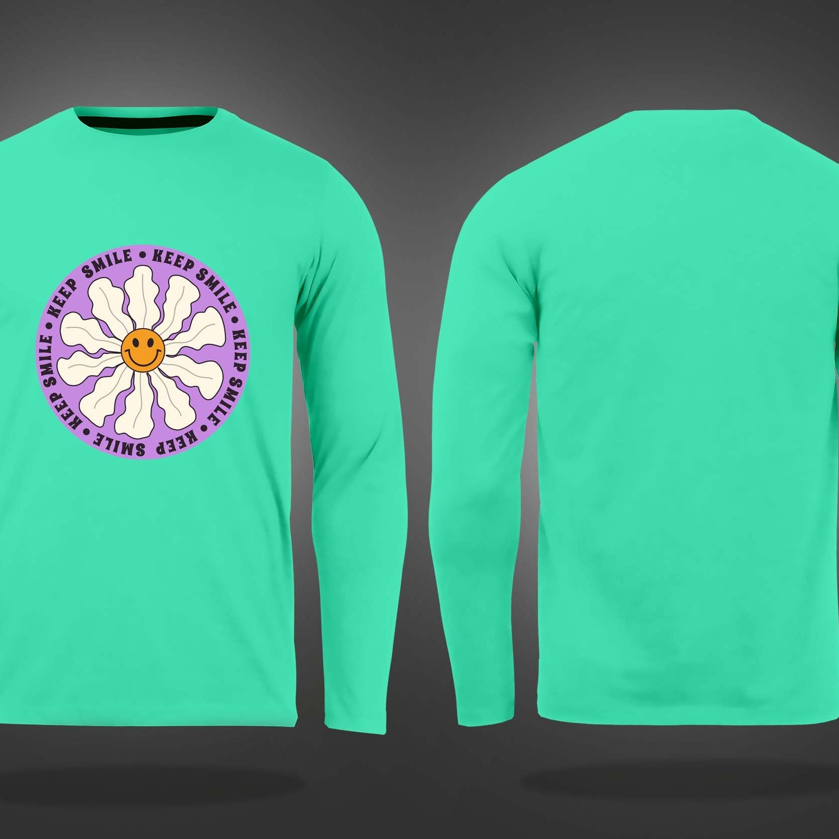 Mint Green Round Neck Keep Smile Printed Full Sleeves T-Shirt