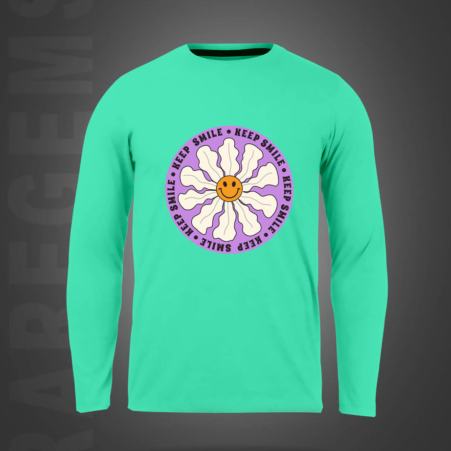 Mint Green Round Neck Keep Smile Printed Full Sleeves T-Shirt