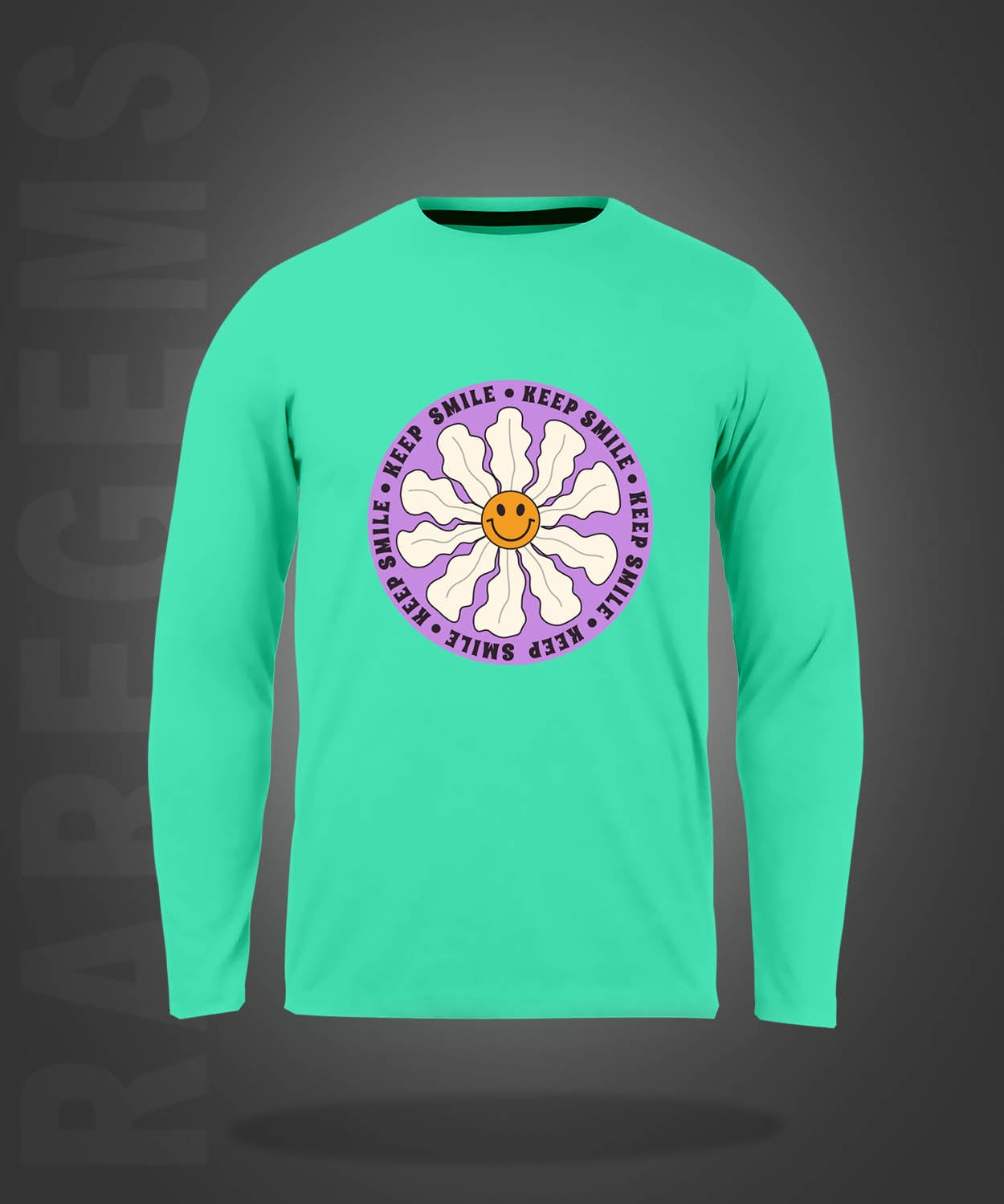 Mint Green Round Neck Keep Smile Printed Full Sleeves T-Shirt