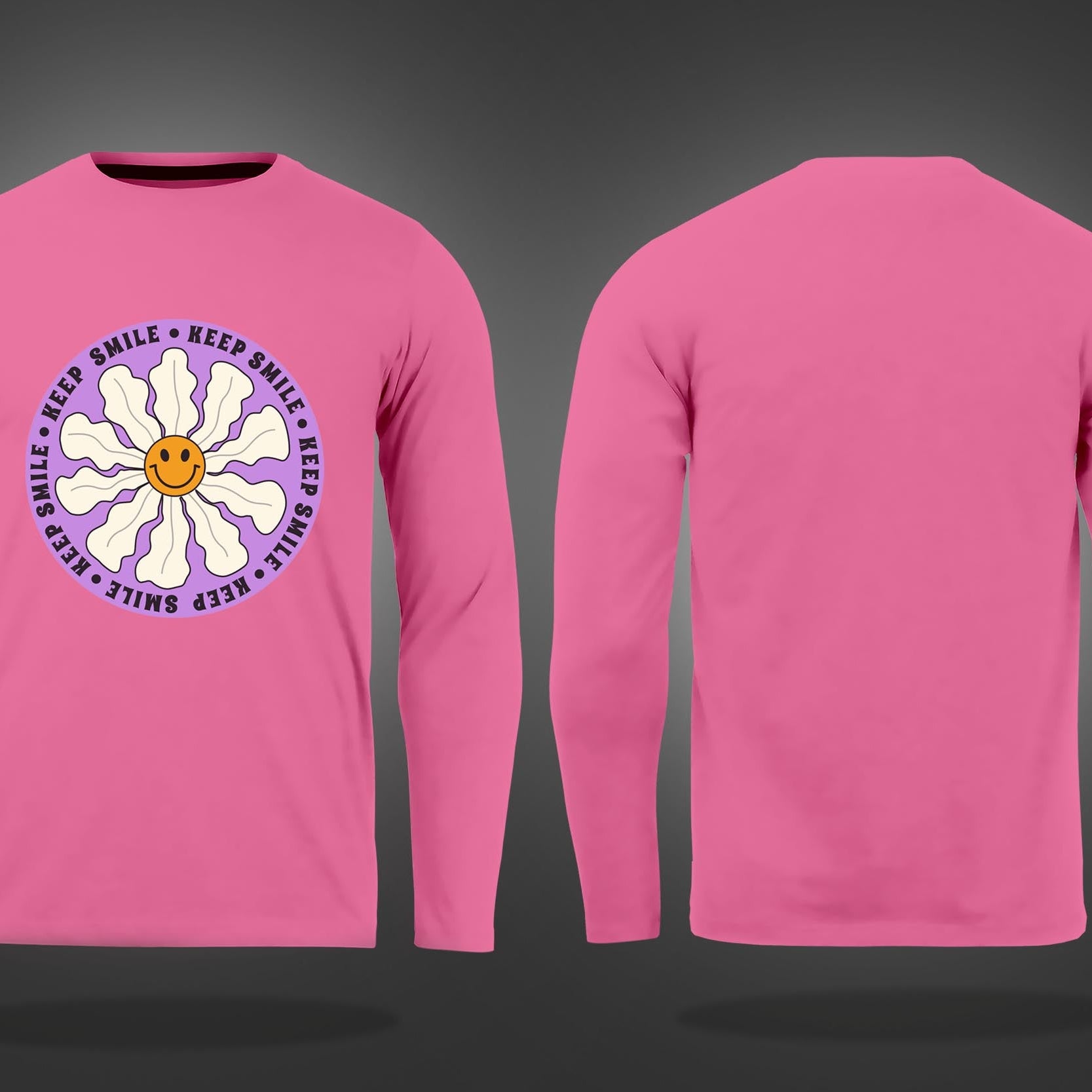Pink Round Neck Keep Smile Printed Full Sleeves T-Shirt