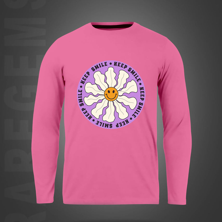 Pink Round Neck Keep Smile Printed Full Sleeves T-Shirt
