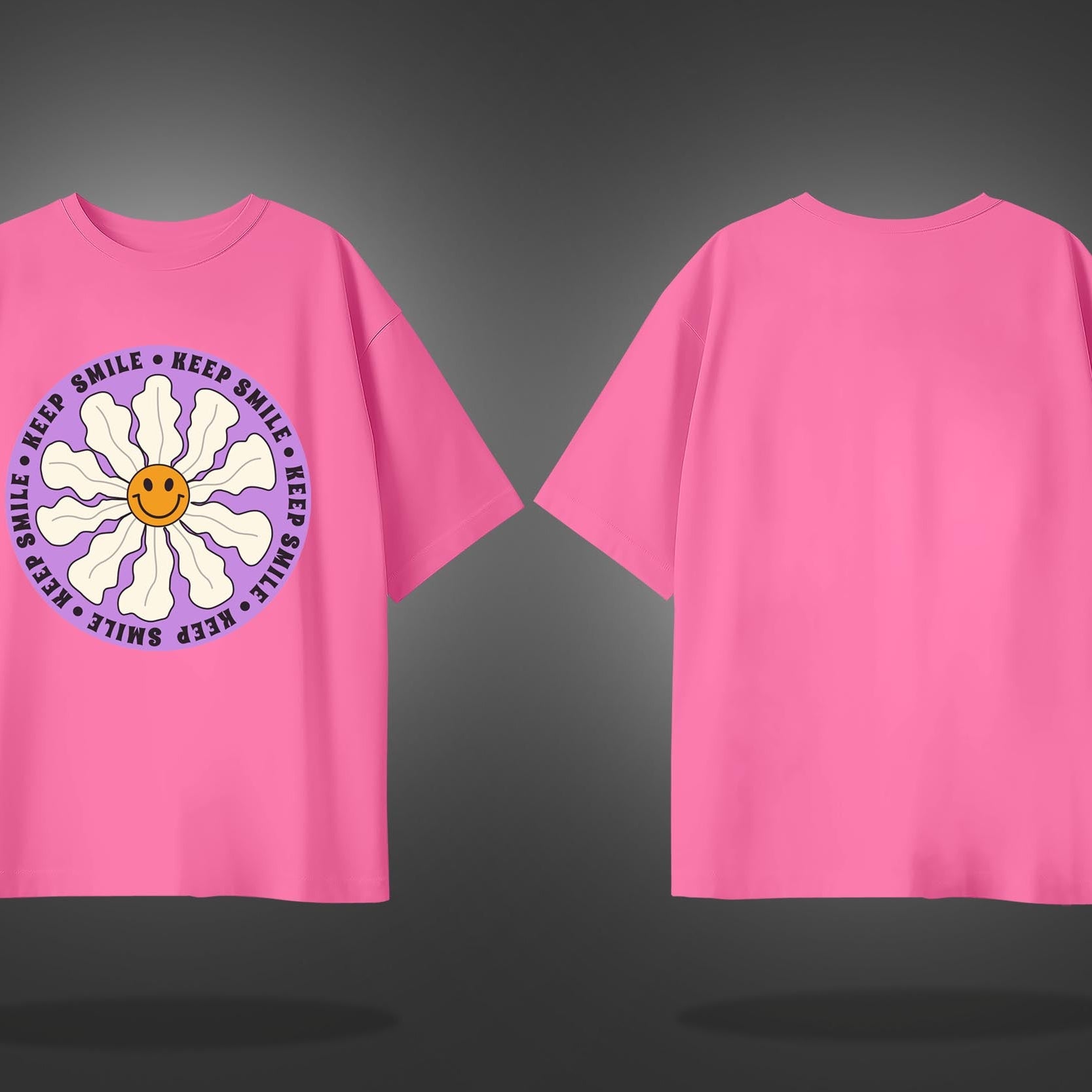 Pink Half Sleeve Round Neck Keep Smile Printed Oversized T-Shirt