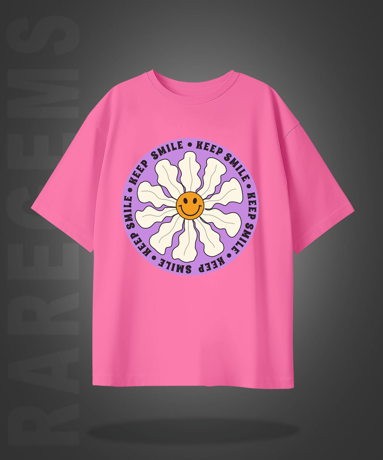 Pink Half Sleeve Round Neck Keep Smile Printed Oversized T-Shirt