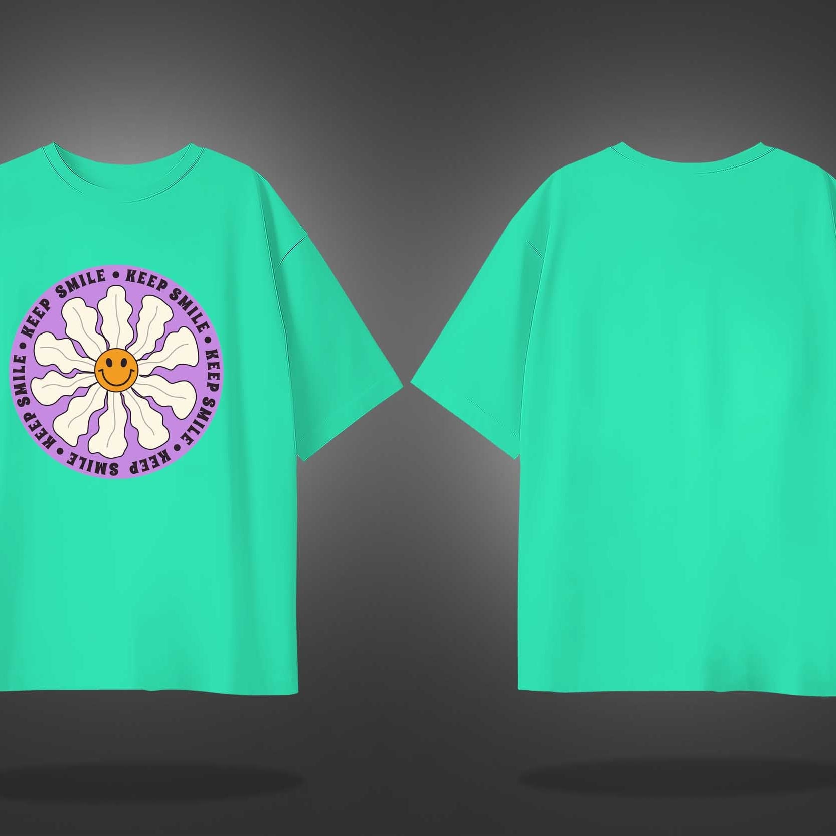 Mint Green Half Sleeve Round Neck Keep Smile Printed Oversized T-Shirt