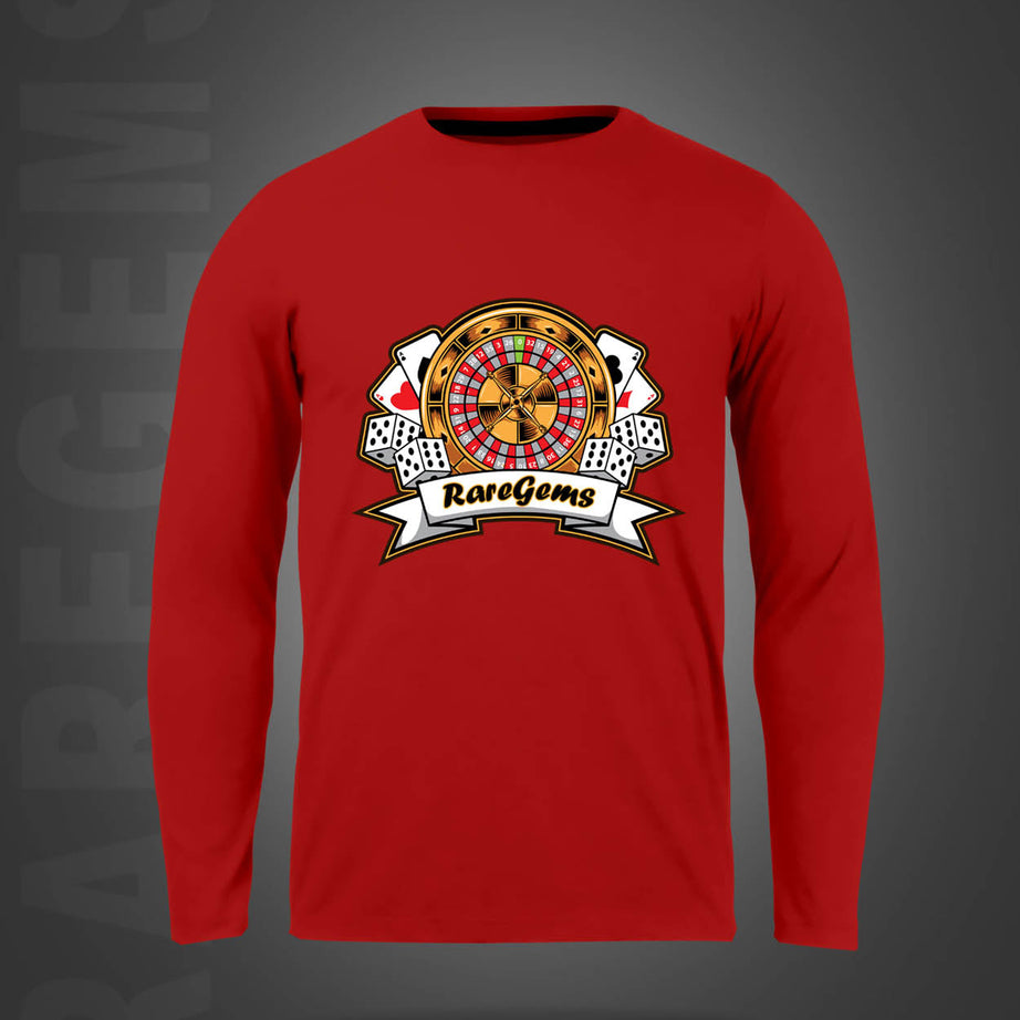 Red Round Neck Roulette And Dice Printed Full Sleeves T-Shirt