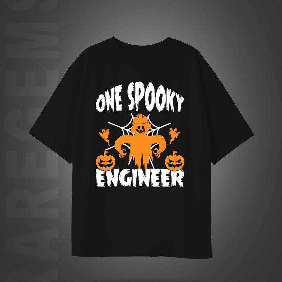 Black Half Sleeve Round Neck One Spooky Engineer Printed Oversized T-Shirt