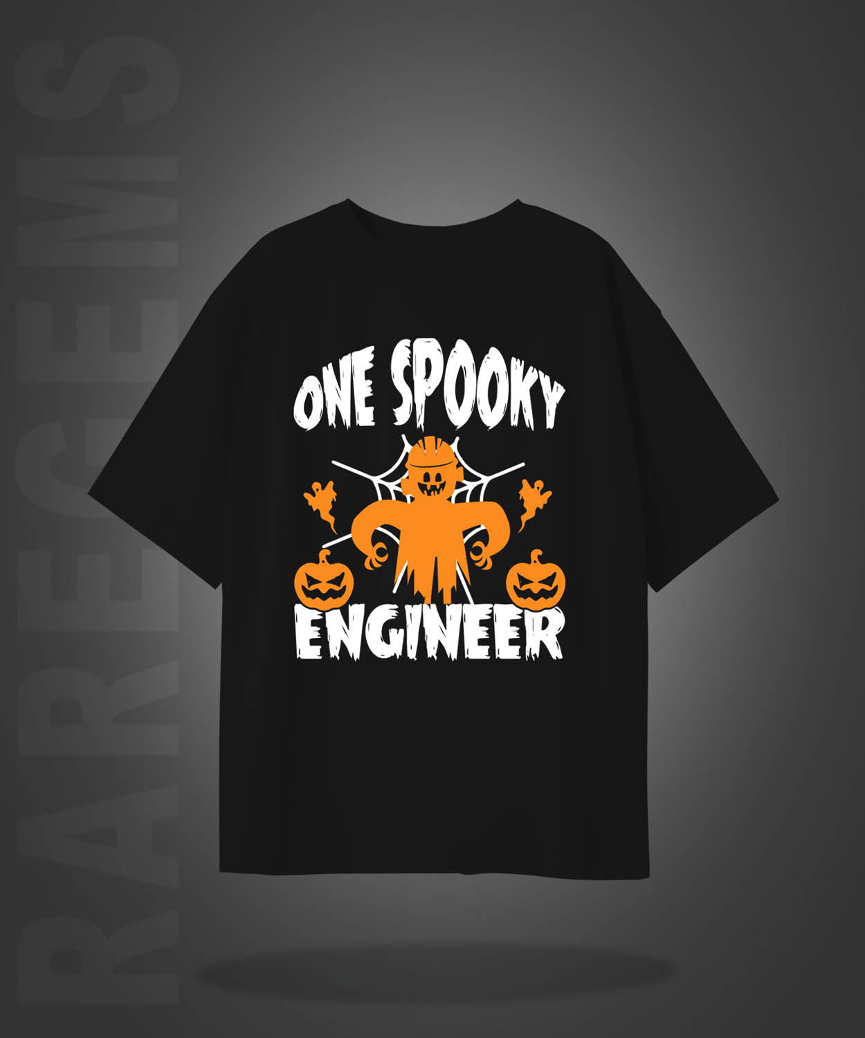 Black Half Sleeve Round Neck One Spooky Engineer Printed Oversized T-Shirt