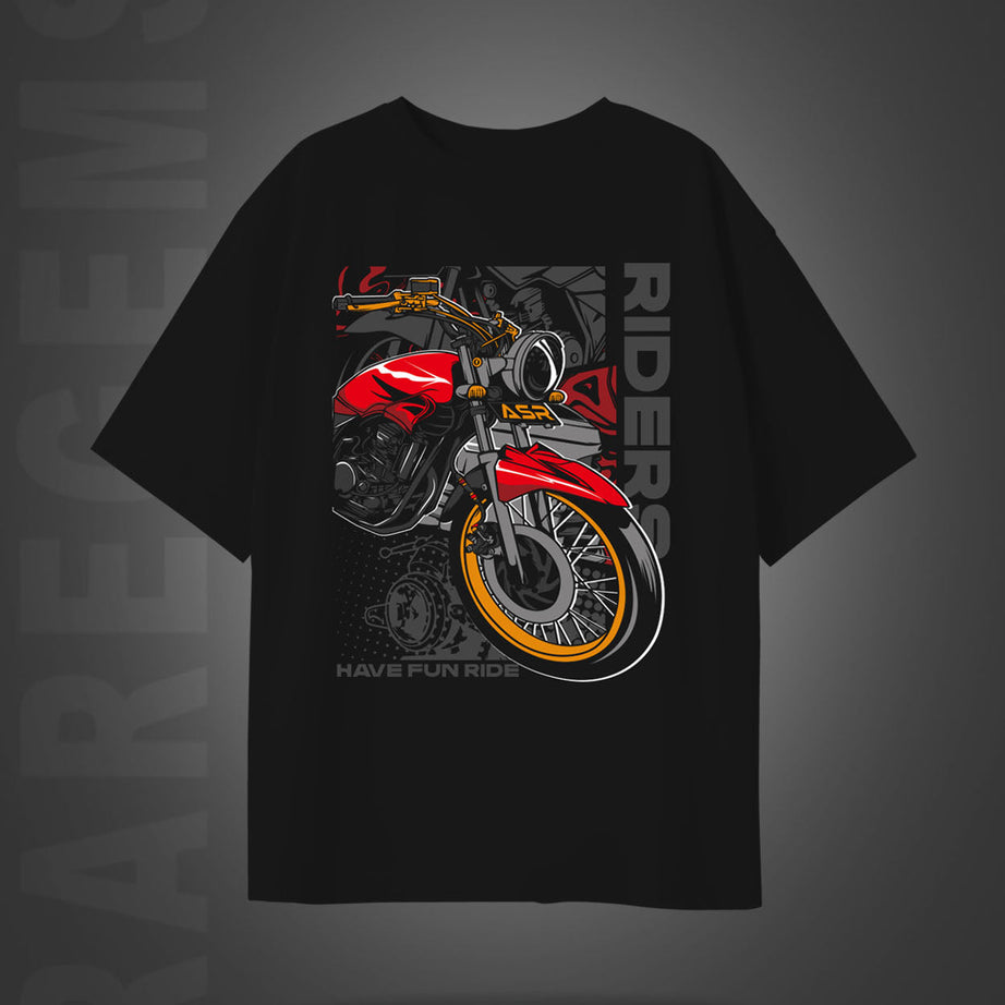 Black Half Sleeve Round Neck Bike And Rider Printed Oversized T-Shirt