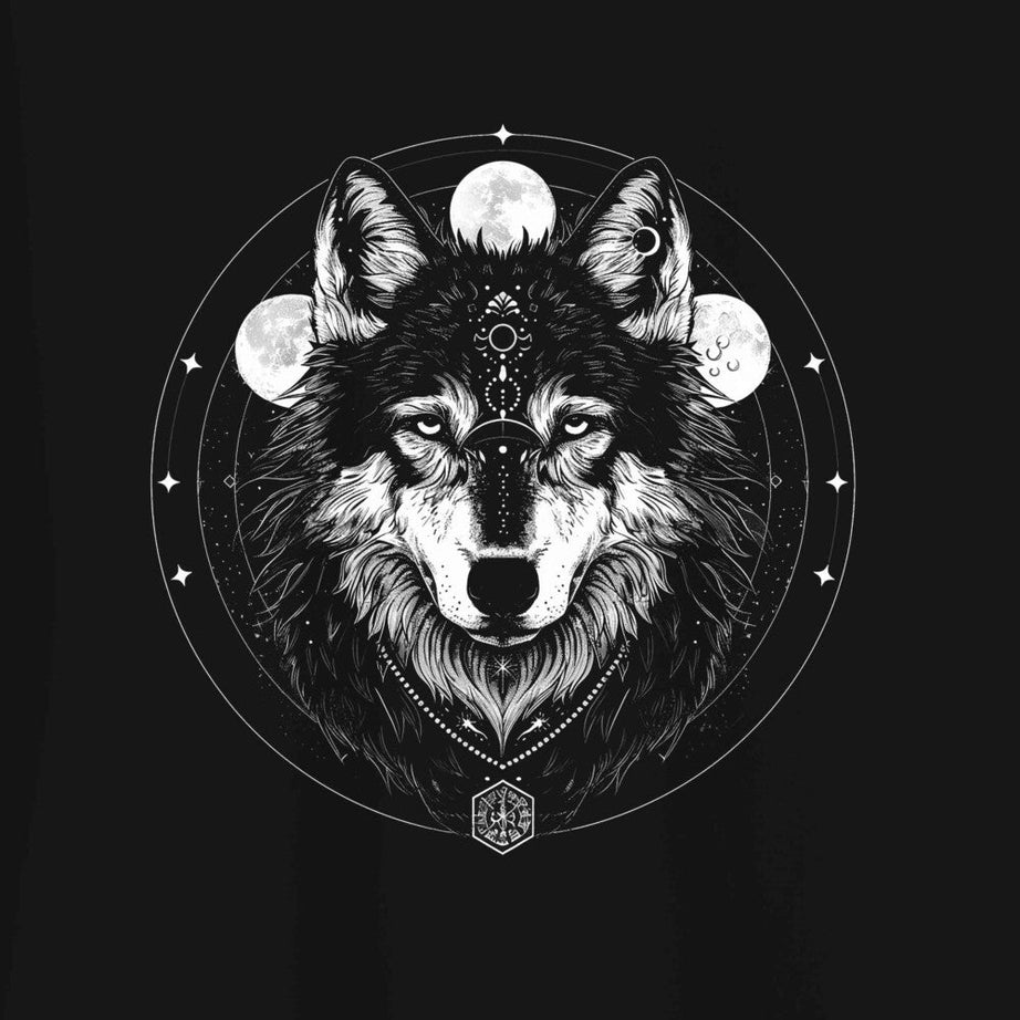 Black Half Sleeve Wolf And Moon Printed Regular T-Shirt