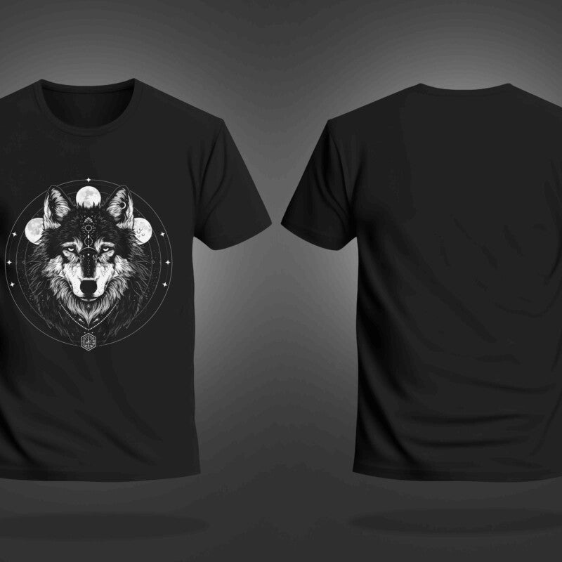 Black Half Sleeve Wolf And Moon Printed Regular T-Shirt