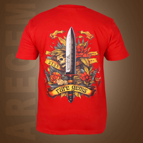 Red Round Neck Half Sleeve Sword With Skull And Roses Printed Regular T-Shirt