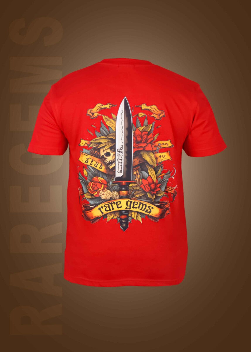 Red Round Neck Half Sleeve Sword With Skull And Roses Printed Regular T-Shirt