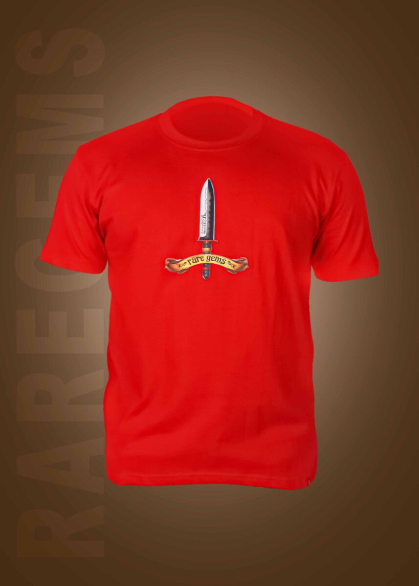 Red Round Neck Half Sleeve Sword With Skull And Roses Printed Regular T-Shirt