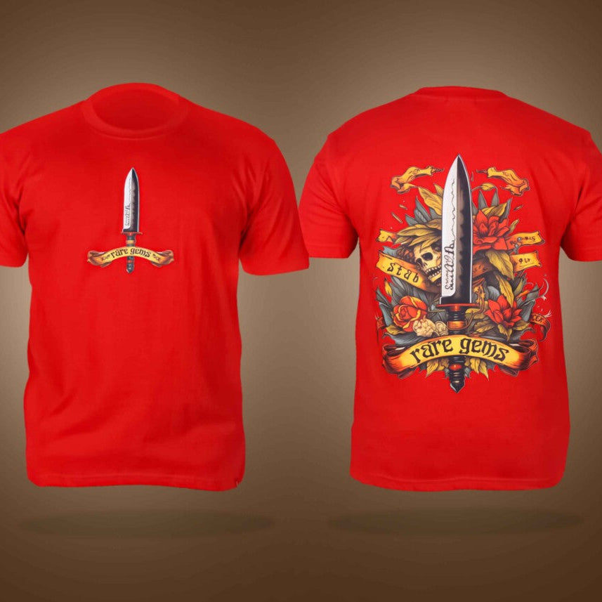 Red Round Neck Half Sleeve Sword With Skull And Roses Printed Regular T-Shirt
