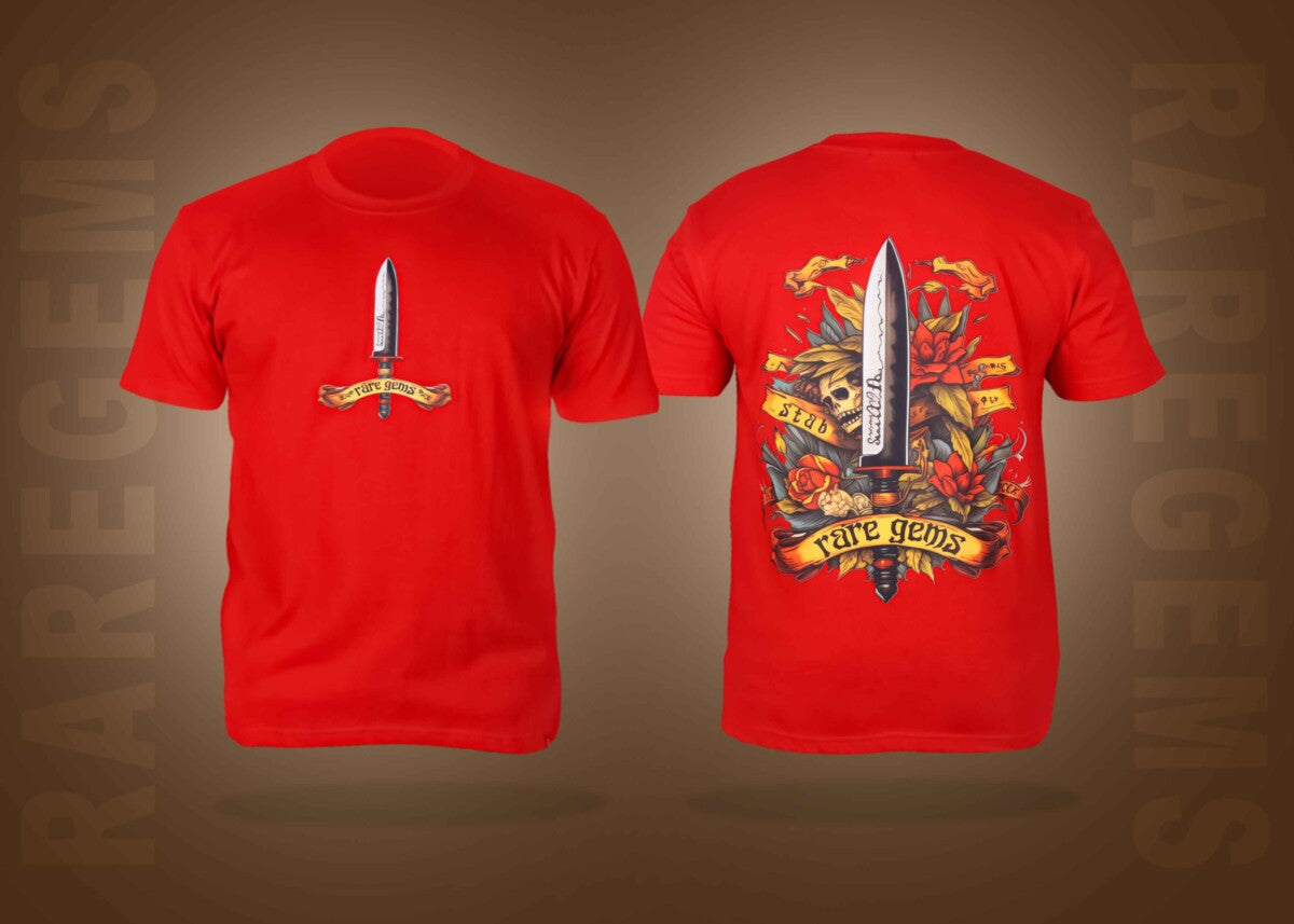 Red Round Neck Half Sleeve Sword With Skull And Roses Printed Regular T-Shirt