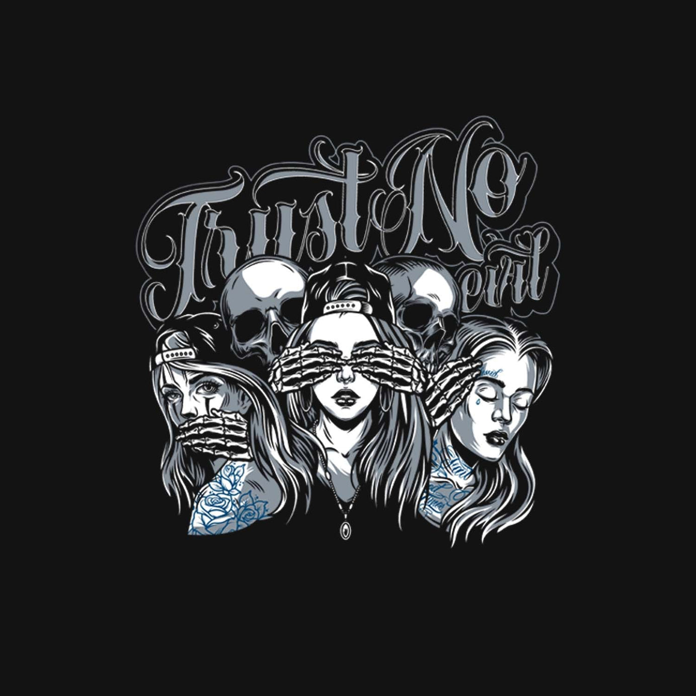 Black Half Sleeve Round Neck Three Girls And Two Skulls Printed Regular T-Shirt