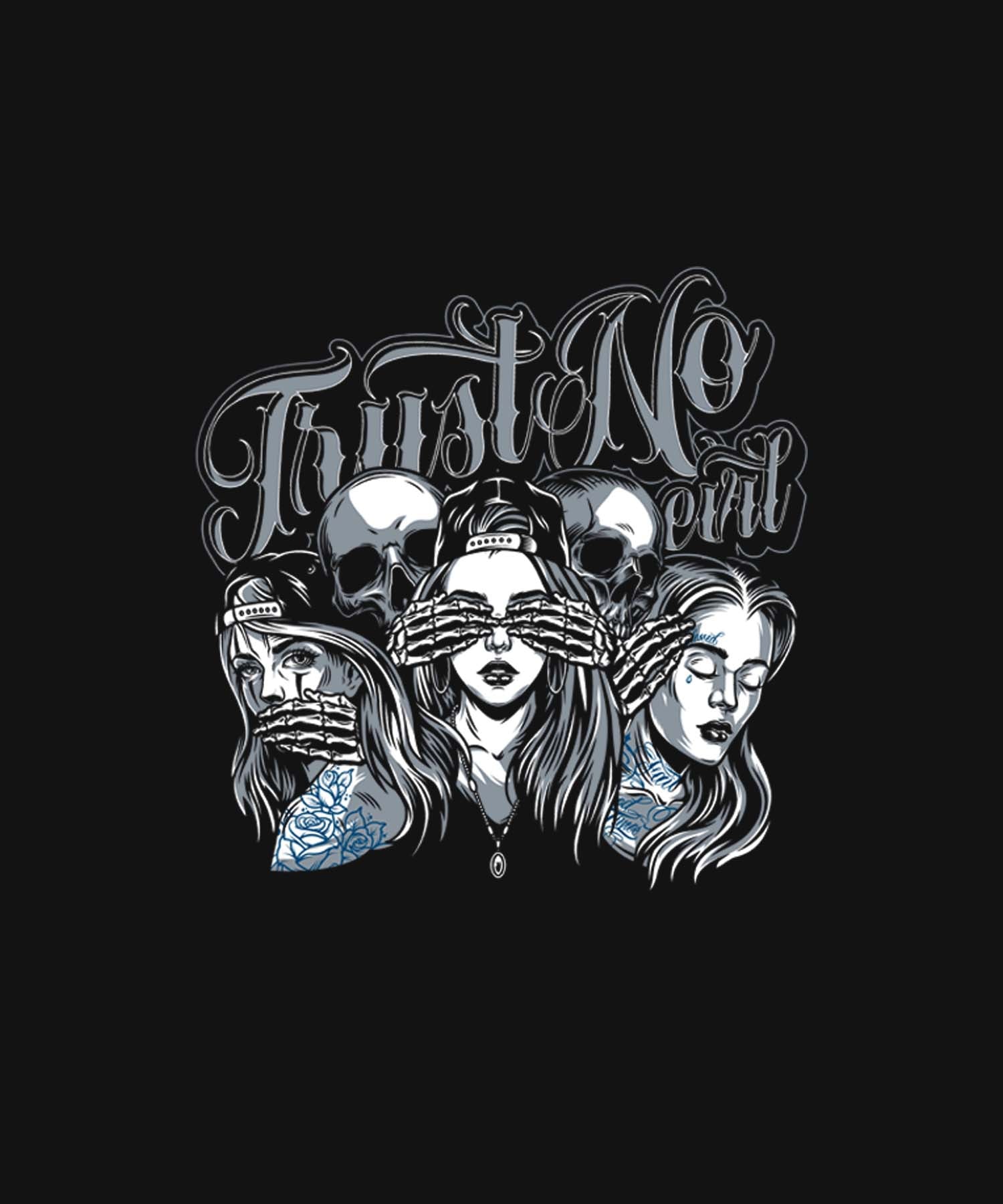 Black Half Sleeves Three Girls And Two Skulls Printed Oversized T-Shirt