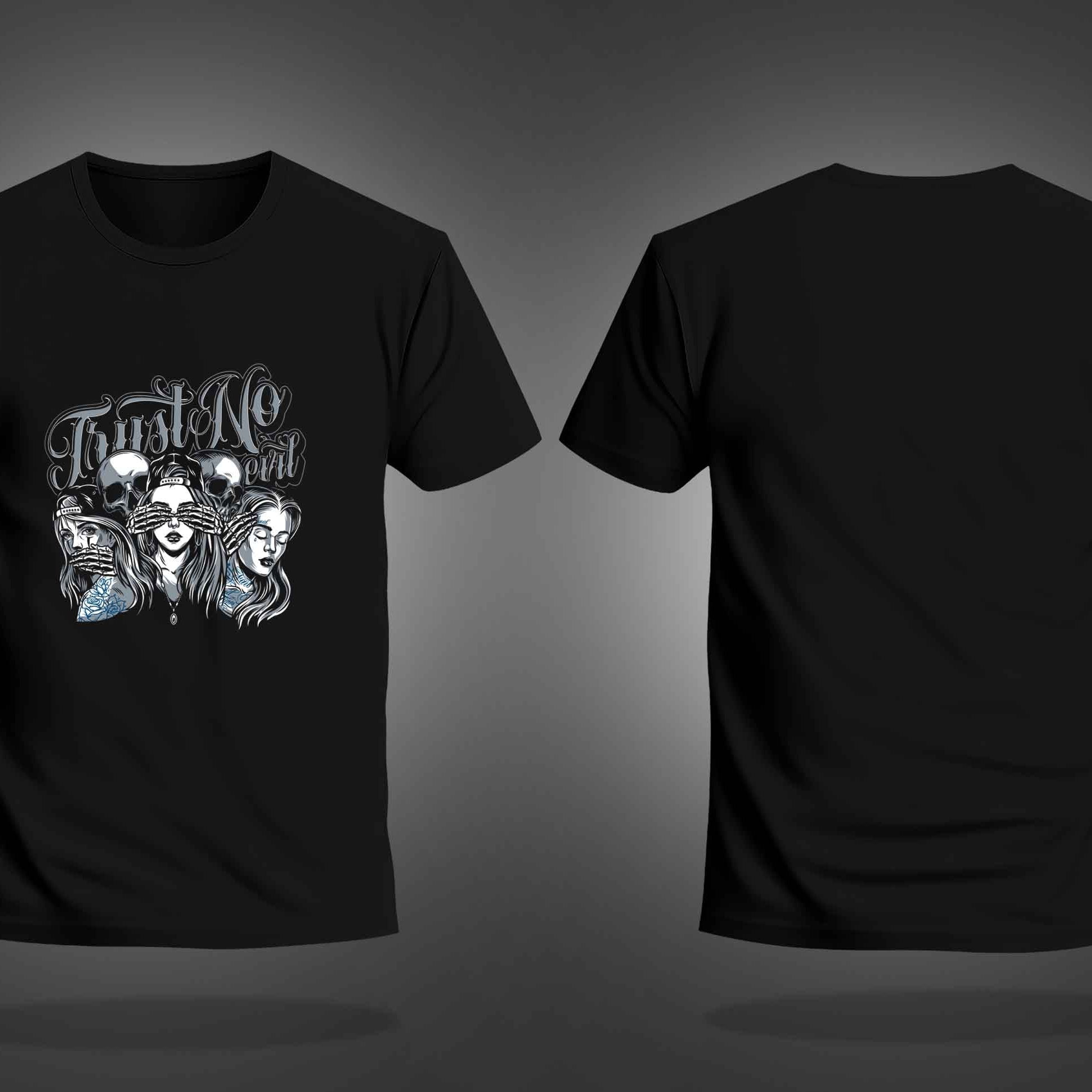 Black Half Sleeve Round Neck Three Girls And Two Skulls Printed Regular T-Shirt