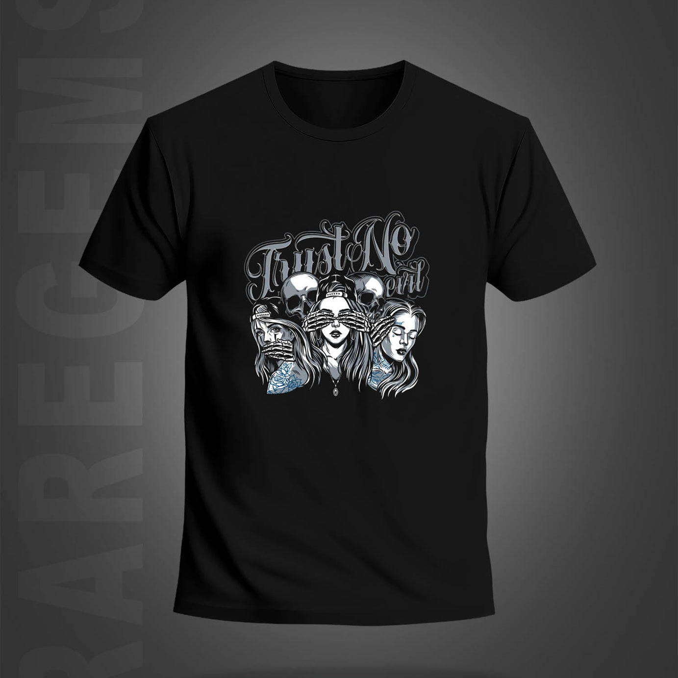 Black Half Sleeve Round Neck Three Girls And Two Skulls Printed Regular T-Shirt
