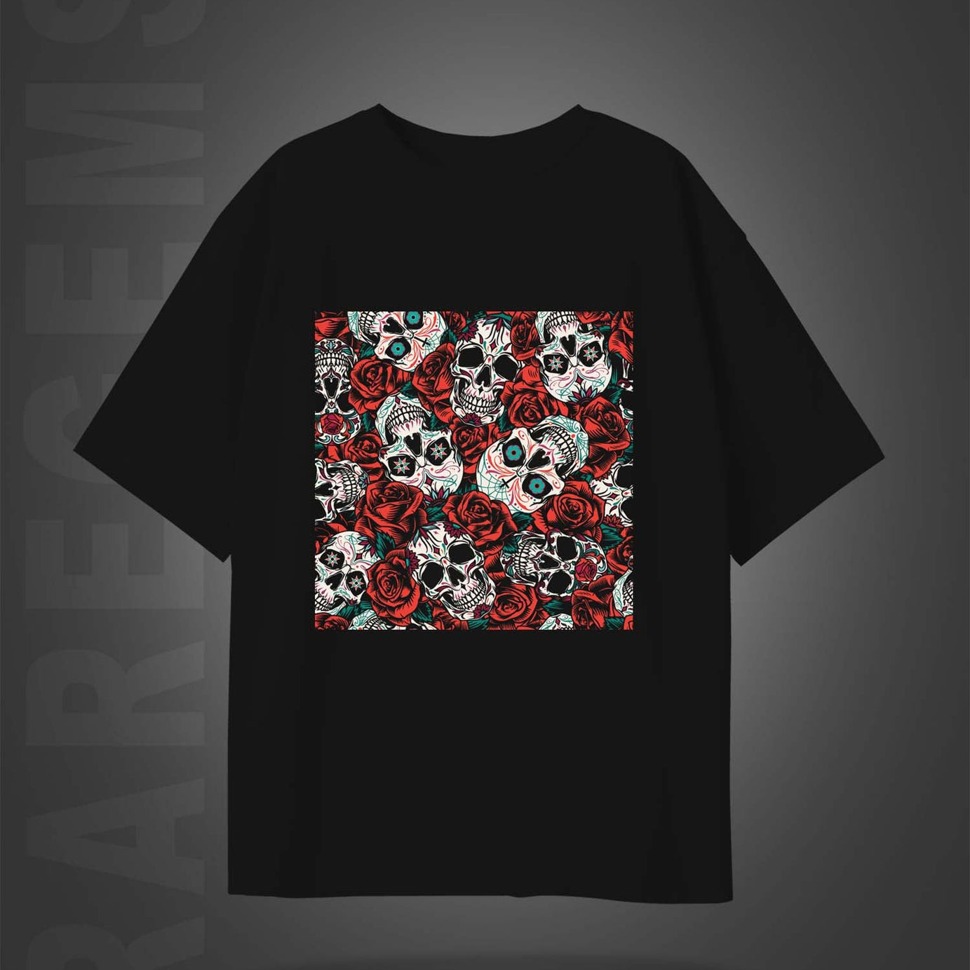 Black Half Sleeve Round Neck Skulls And Roses Printed Oversized T-Shirt