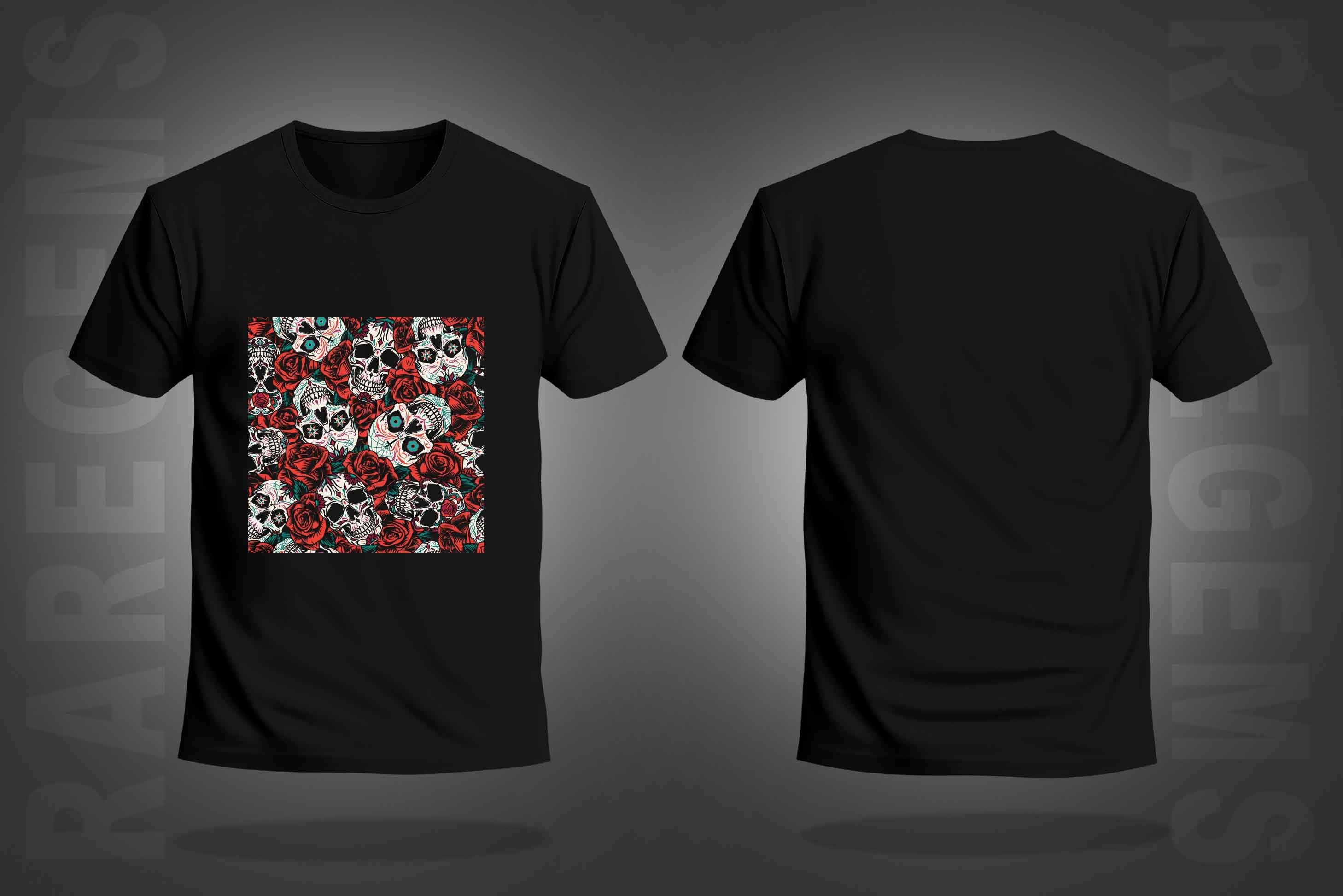 Black Half Sleeve Round Neck Skulls And Roses Printed Regular T-Shirt