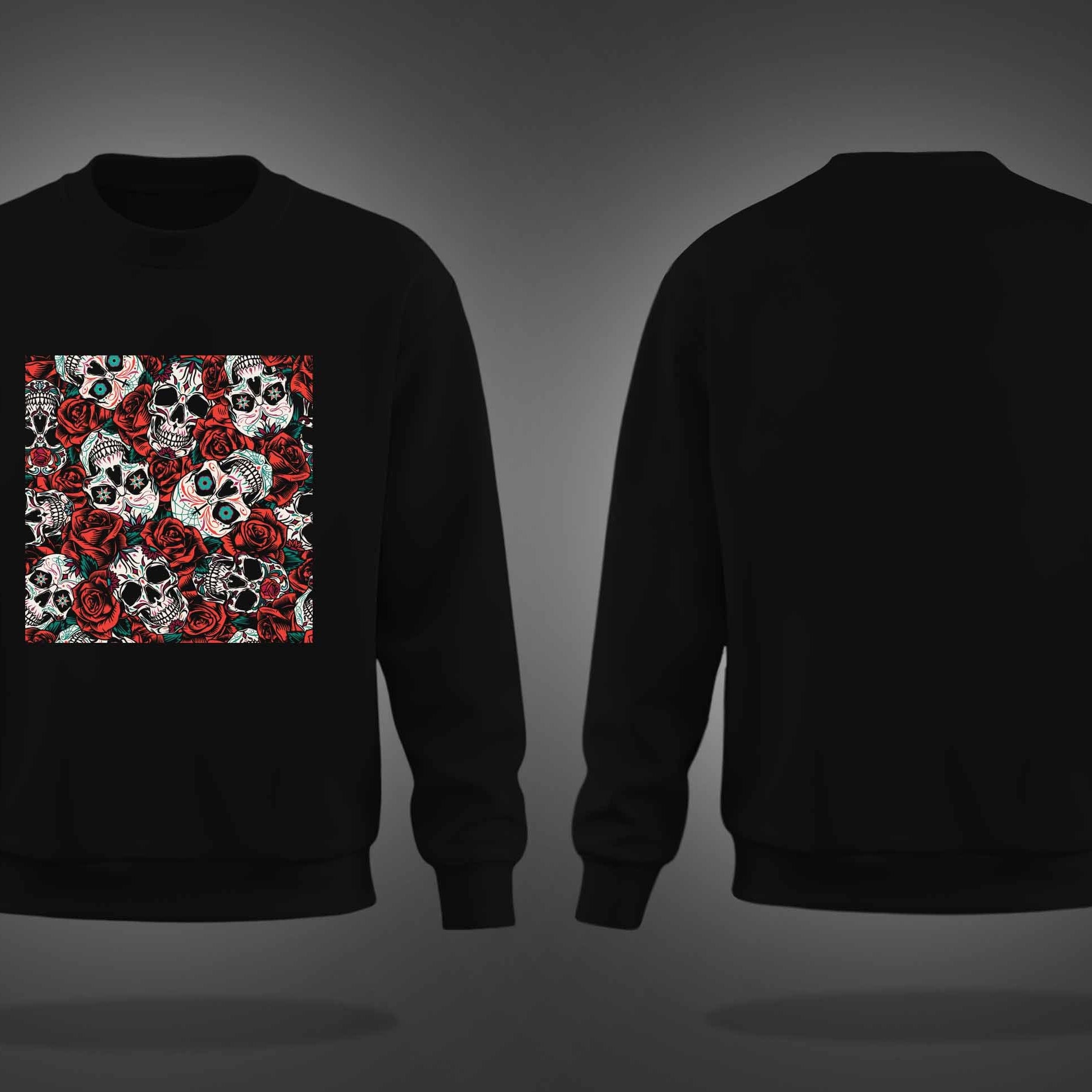 Black Round Neck Skulls And Roses Printed Sweatshirt