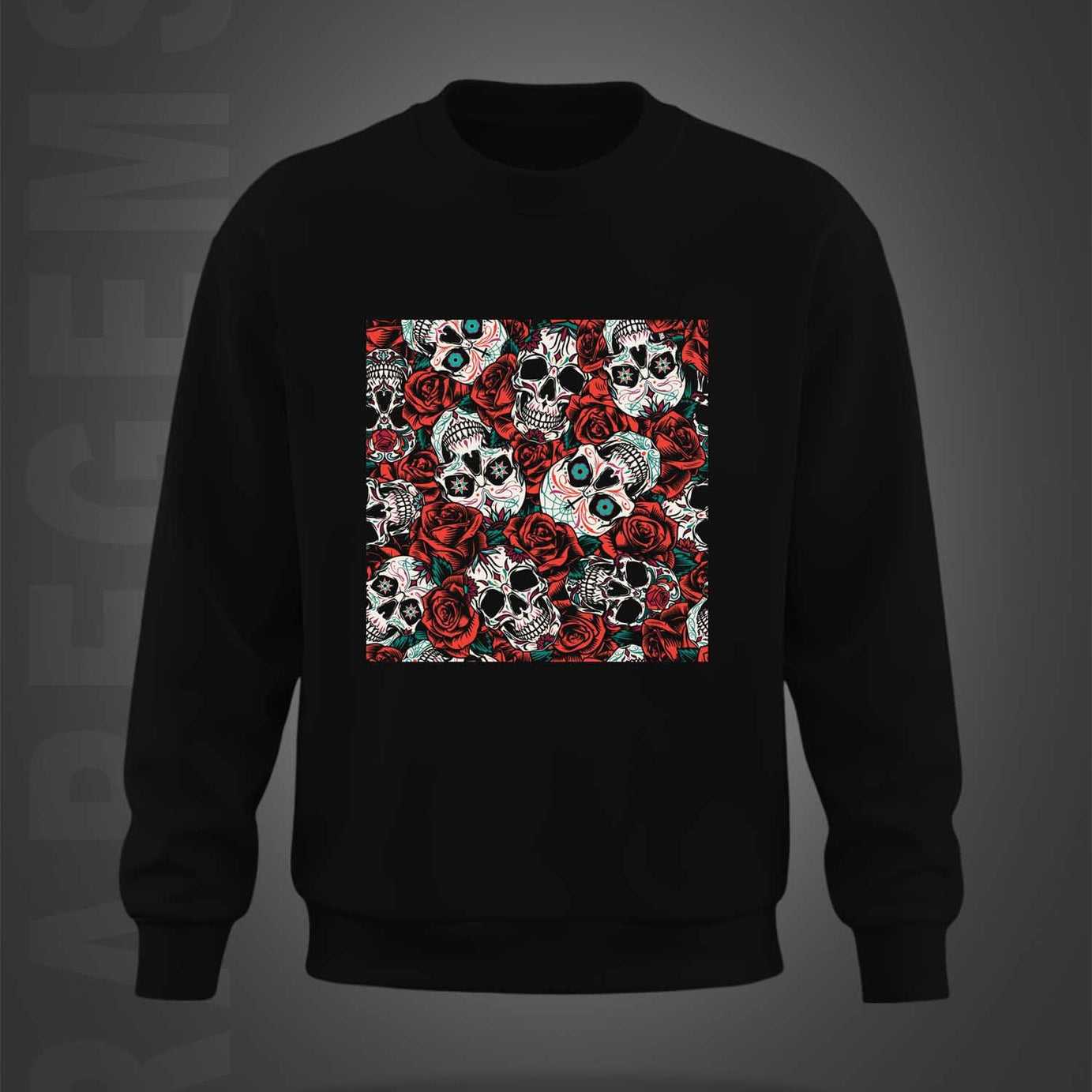 Black Round Neck Skulls And Roses Printed Sweatshirt