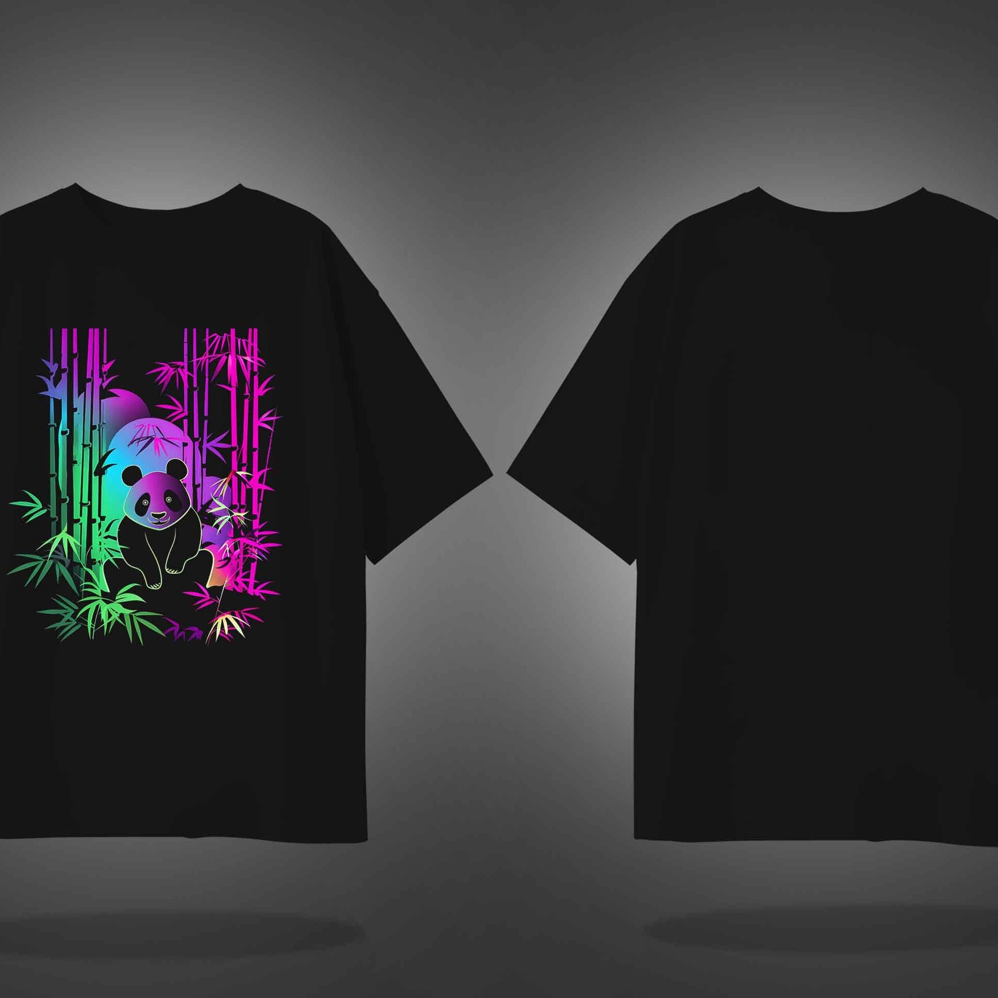 Black Half Sleeve Round Neck Colorful Neon Panda Printed Oversized T-Shirt